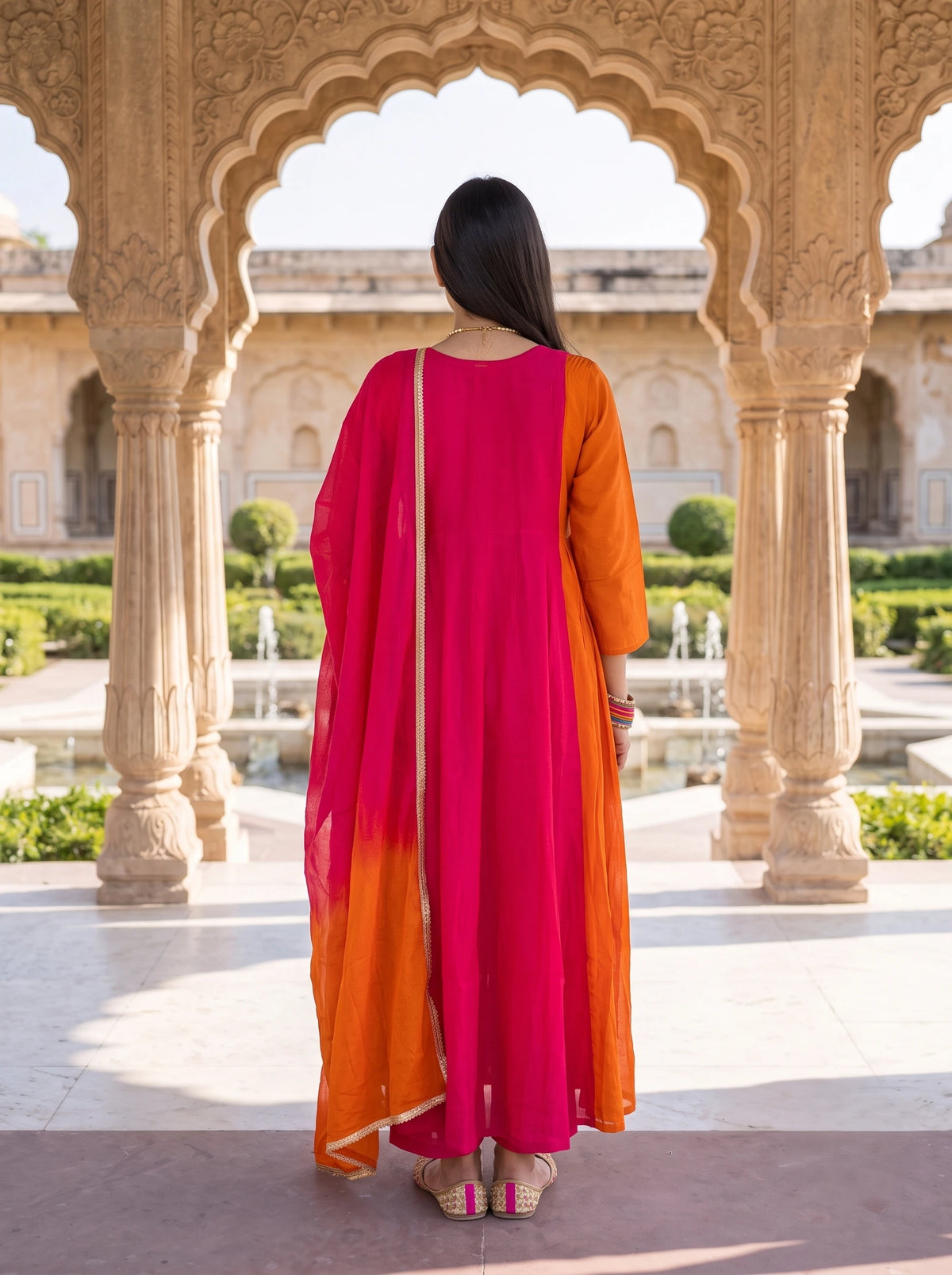 ORANGE PINK DUAL TONE HAND EMBROIDERD FESTIVE ANARKALI SUIT SET