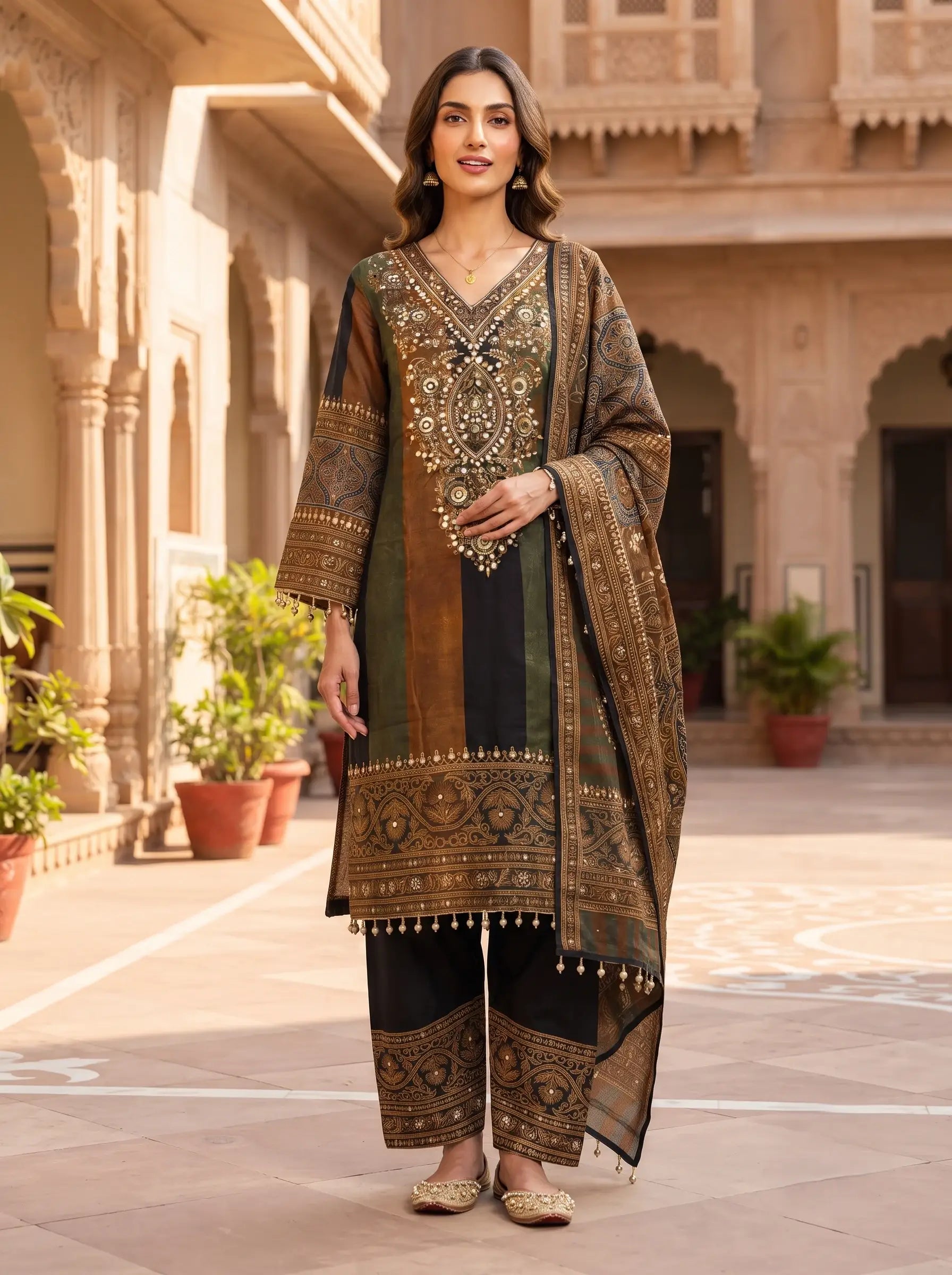 FOREST GLAMOUR EMBELLISHED FULL EMBROIDERED MUSLIN SUIT SET