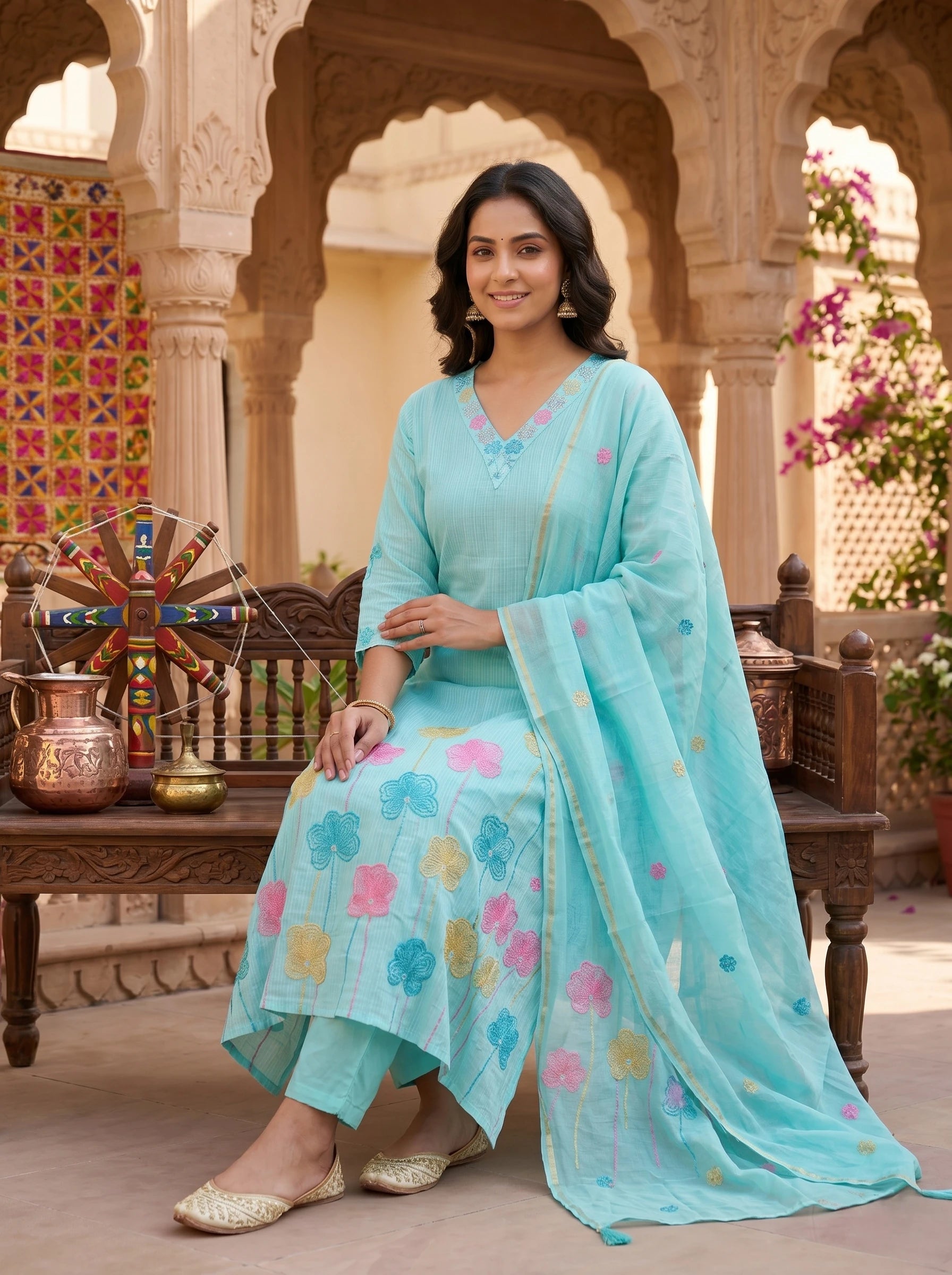 AQUA BLUE FLORAL EMBROIDERED SUIT SET