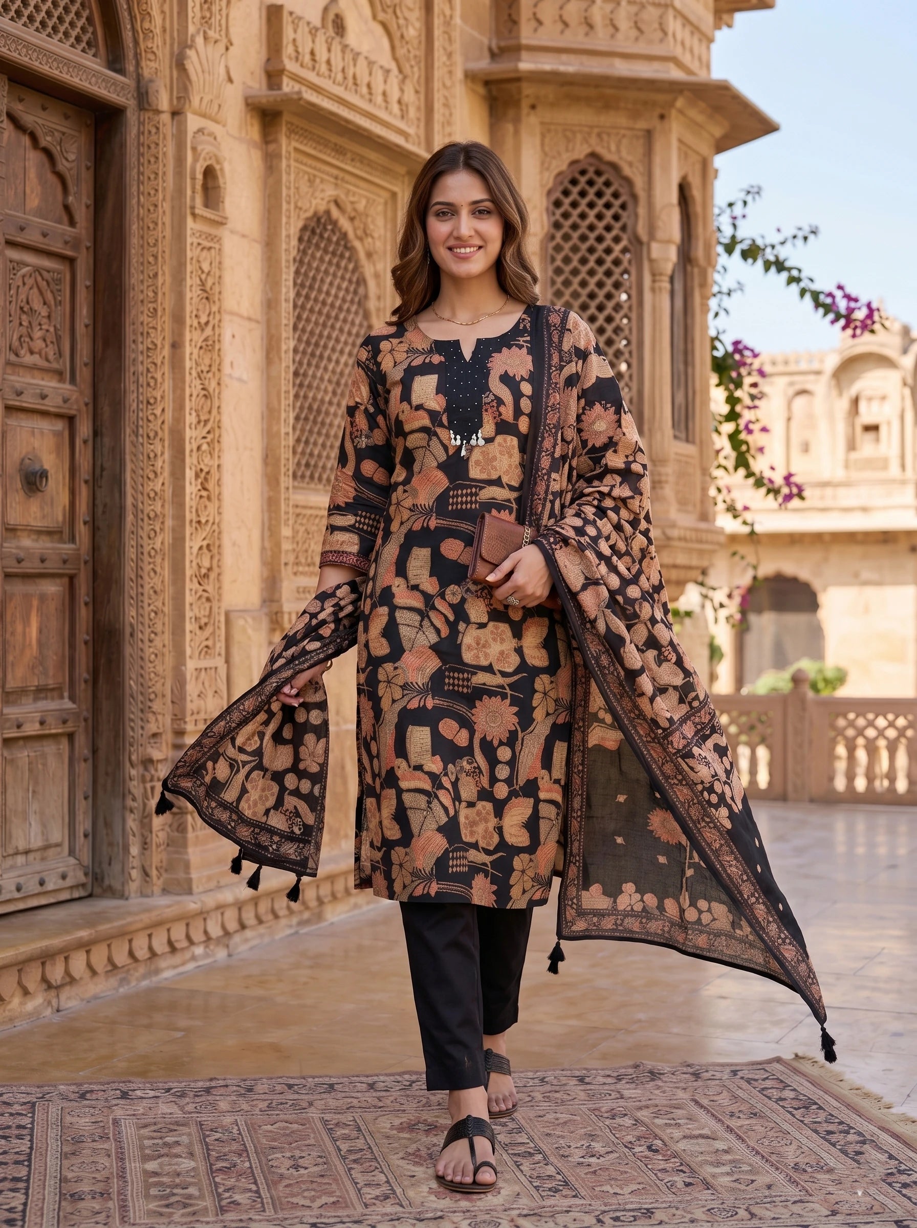BLACK FLORAL PRINT NECK EMBROIDERED SUIT SET