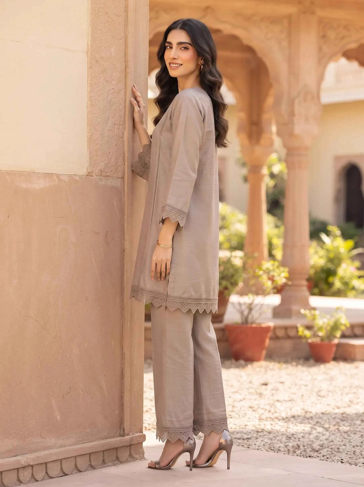 TAUPE BROWN EMBROIDERED NECK CASUAL WEAR PREMIUM CO-ORD SET