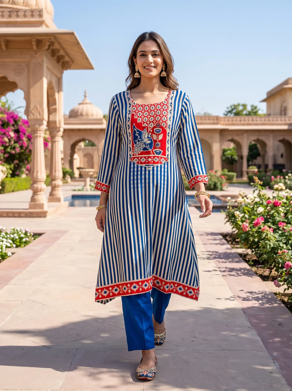 ROYAL BLUE AND RED PEACOCK PURE GAJJI SILK KURTA SET
