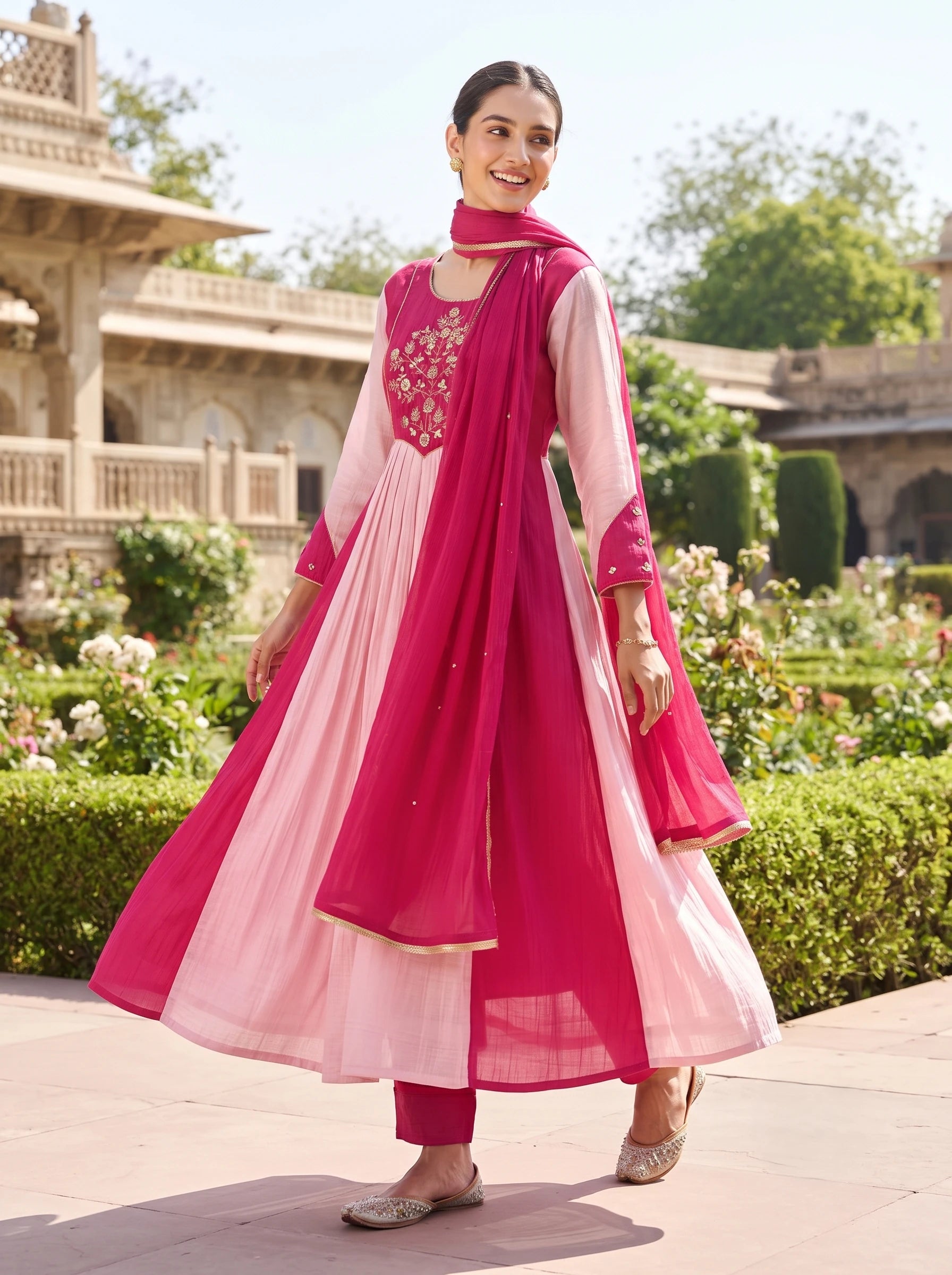 RASPBERRY PINK SEQUIN EMBROIDERED BANARSI MUL CHANDERI SUIT SET