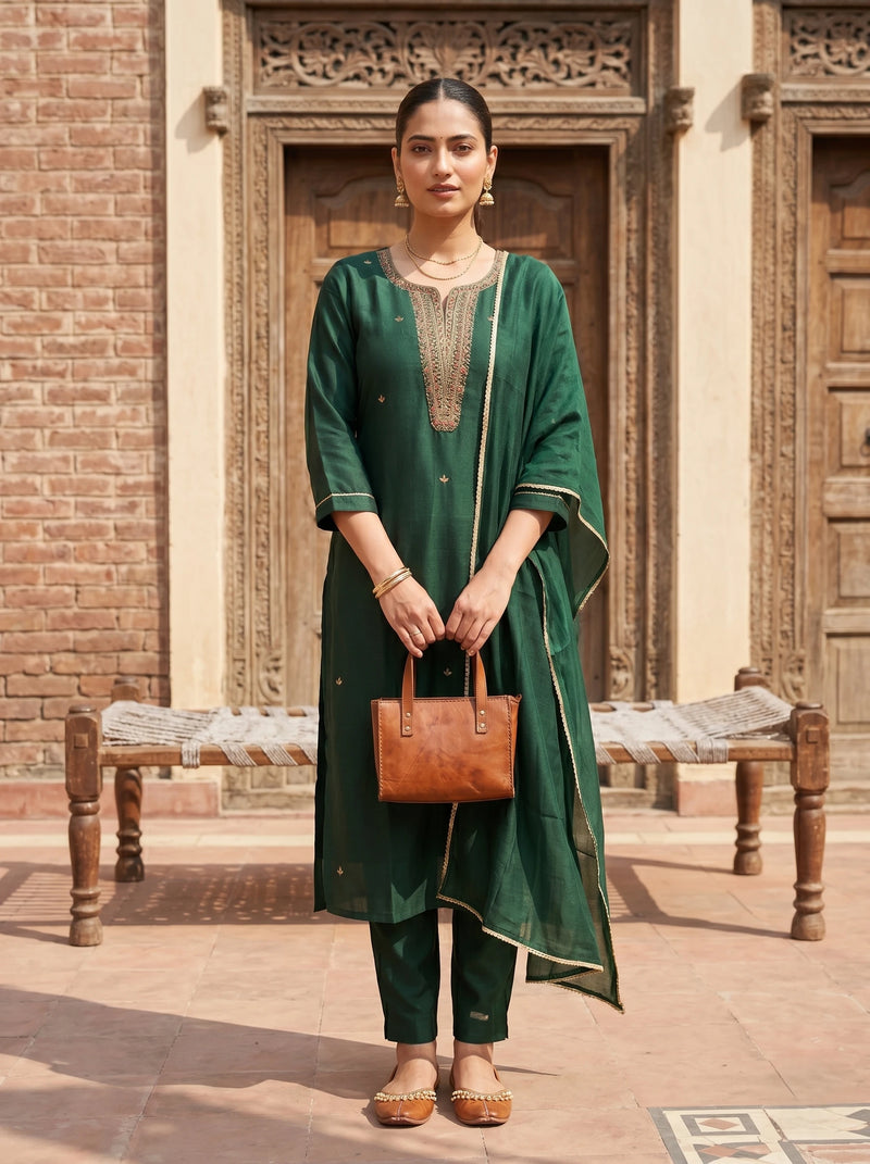 ADA BOTTEL GREEN STRAIGHT PURE SILK SUIT SET