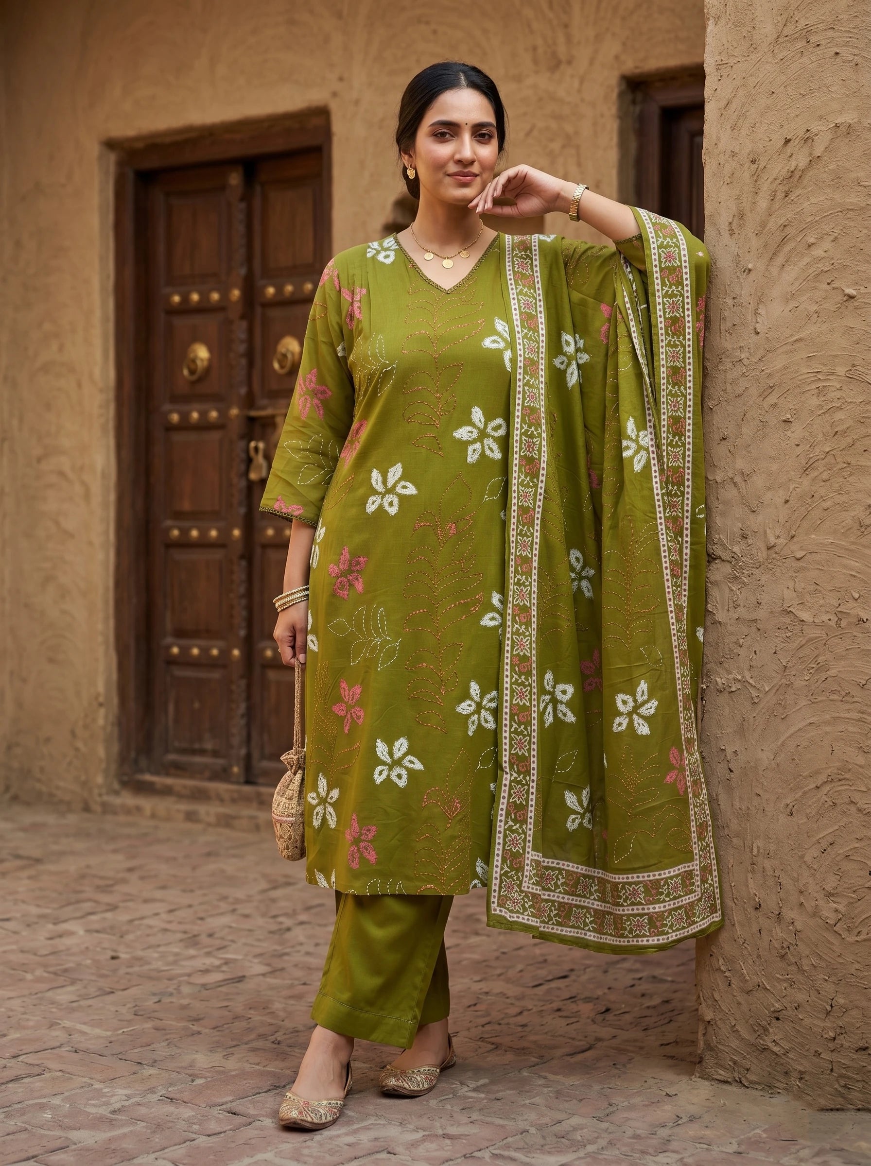 MATCHA GREEN FLORAL MUL COTTON SUIT SET