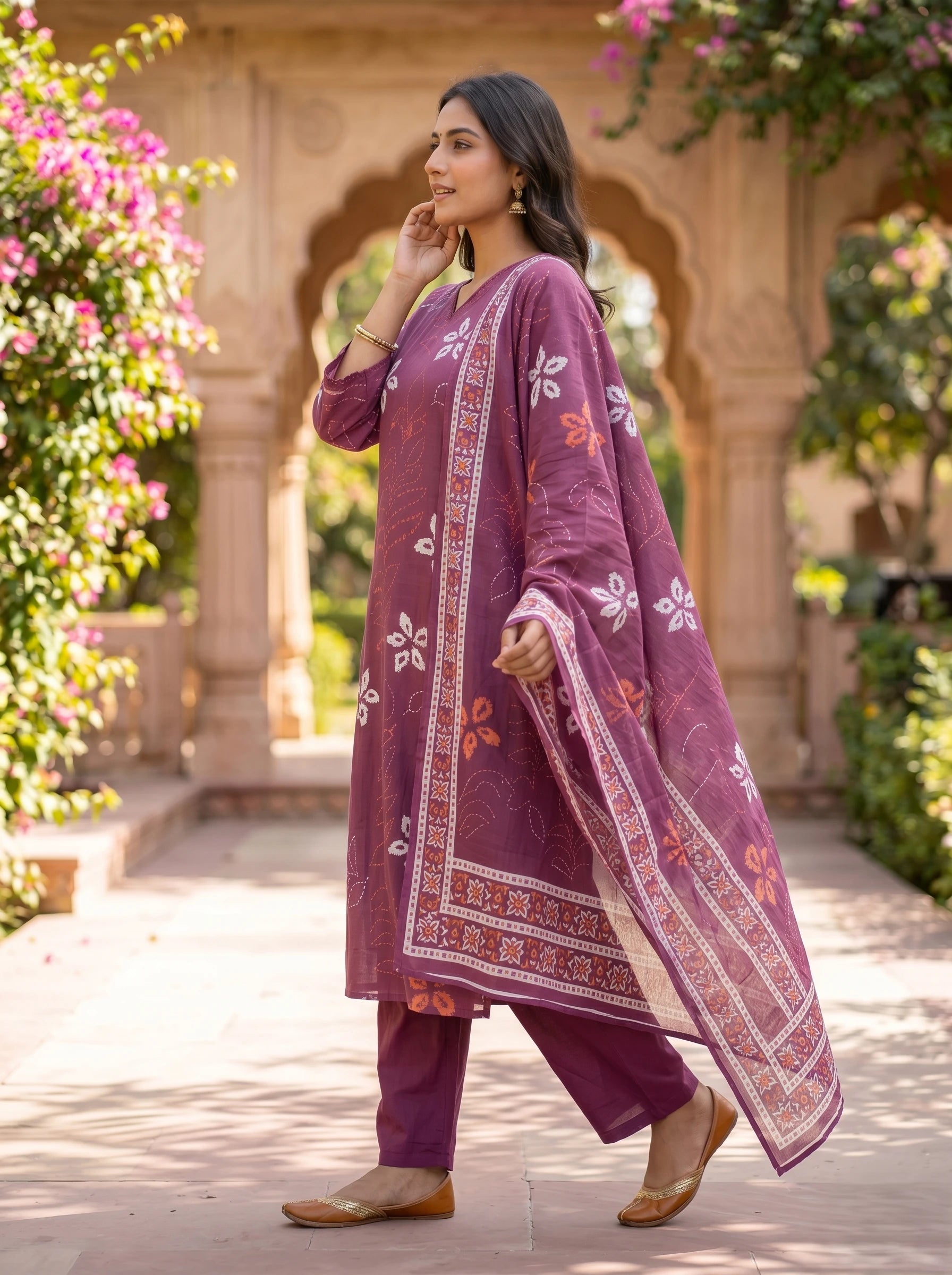 WINE FLORAL MUL COTTON SUIT SET