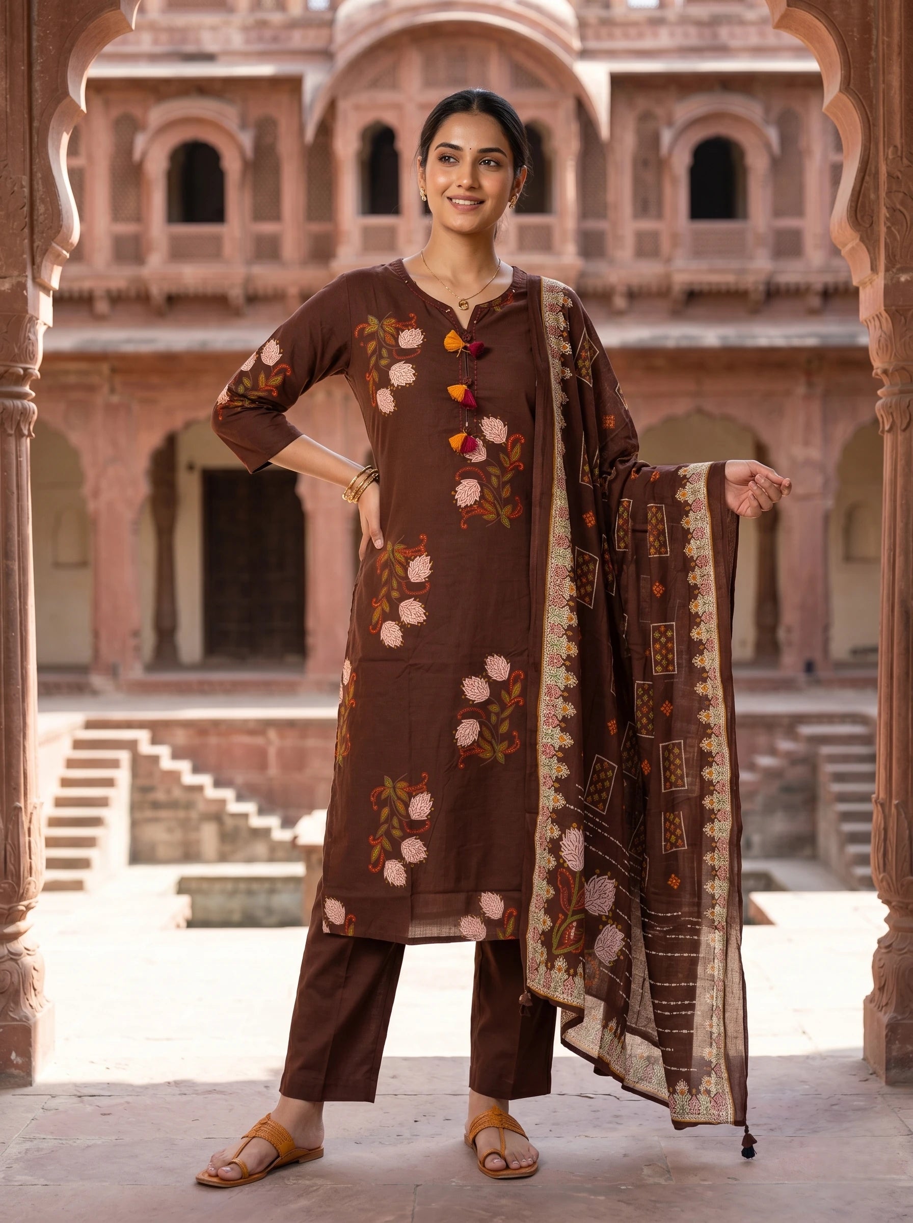 COFFEE BROWN FLORAL COTTON SUIT SET