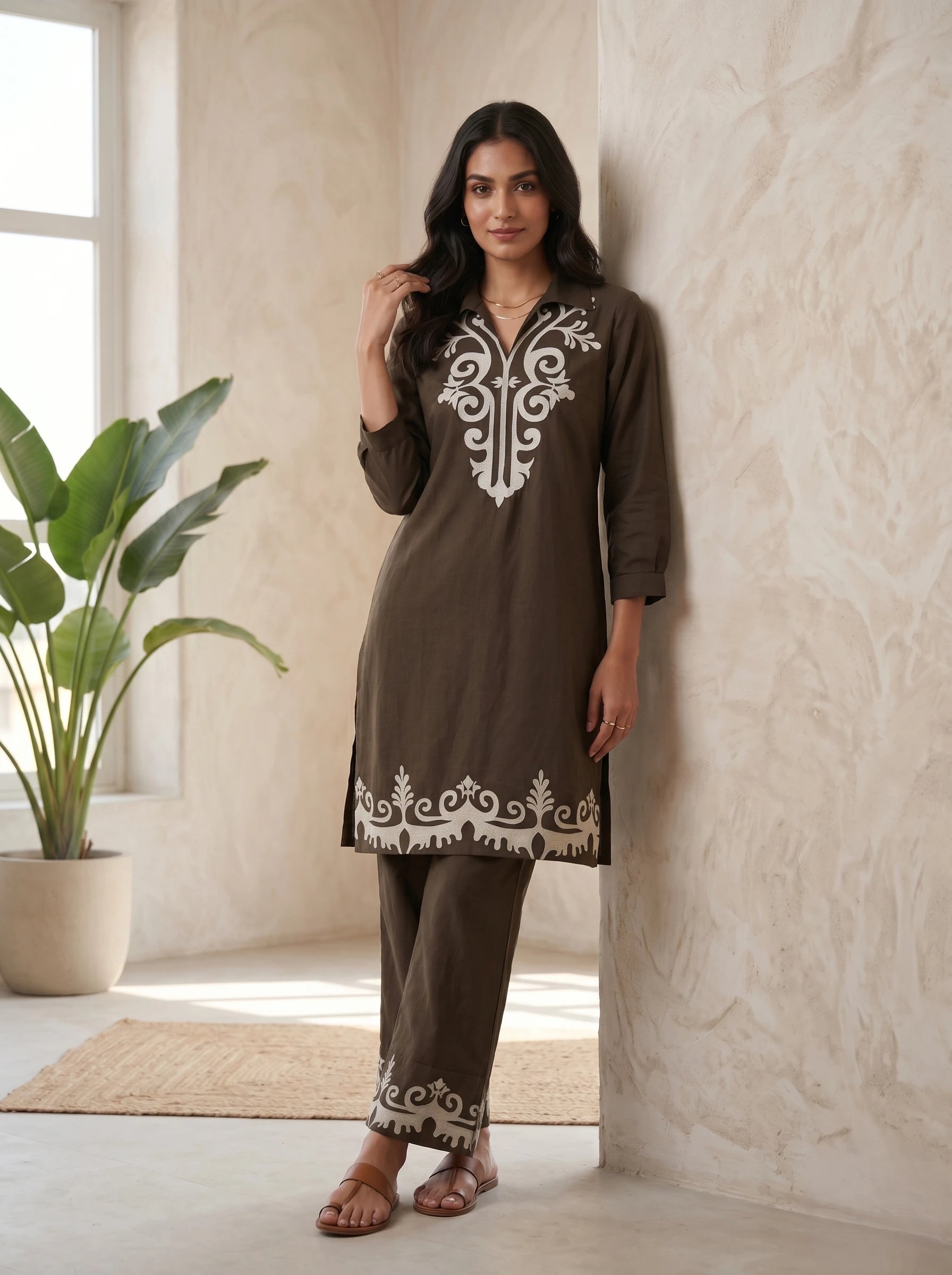 CLASSIC BROWN IVORY THREADWORK CO-ORD SET