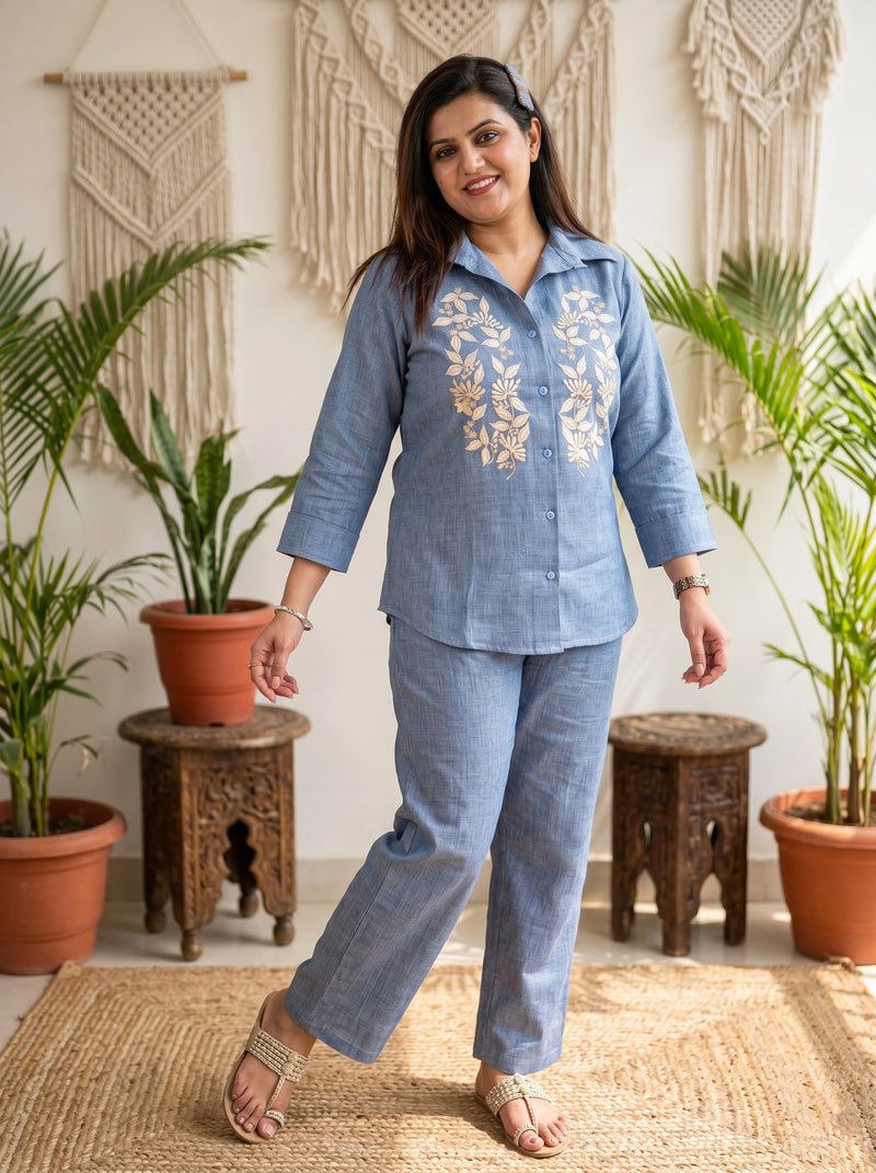 POWDER BLUE EMBROIDERED LINEN COTTON CO-ORD SET