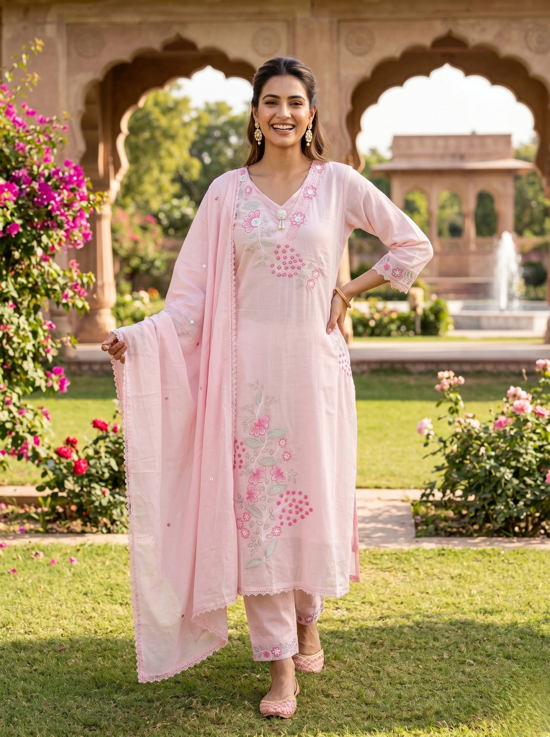 BLUSH PINK FLORAL EMBROIDERED MUL COTTON SUIT SET