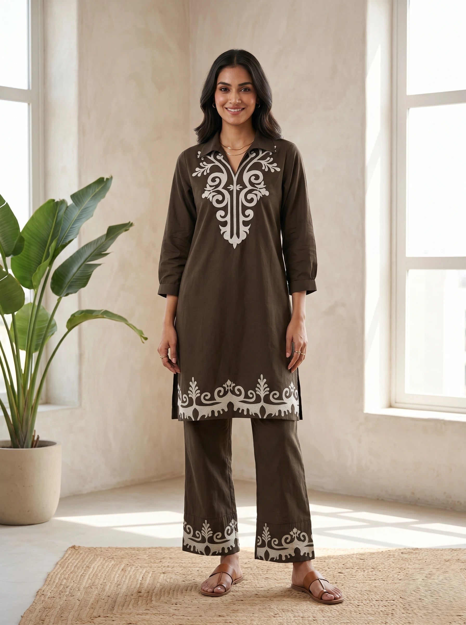 CLASSIC BROWN IVORY THREADWORK CO-ORD SET