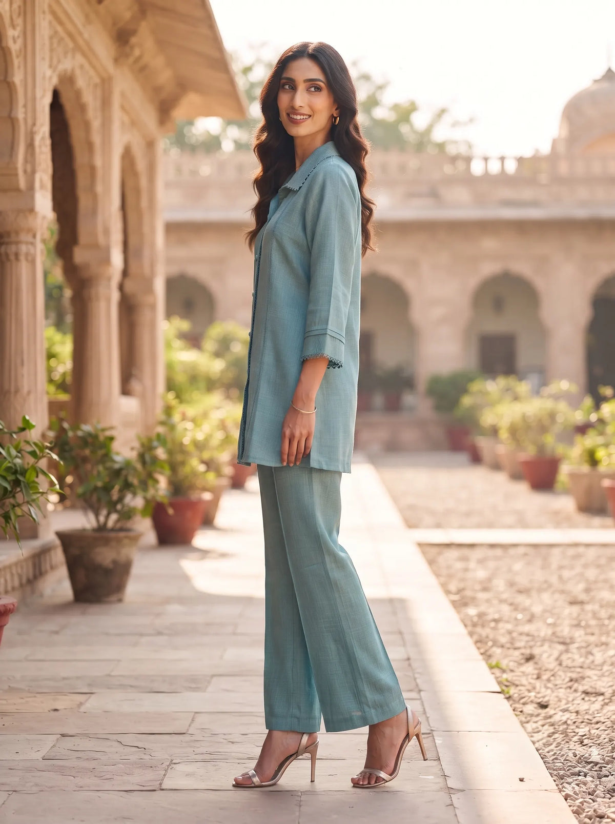 DUSTY BLUE COLLARED LACE DETAIL CASUAL EVERYDAY WEAR CO-ORD SET