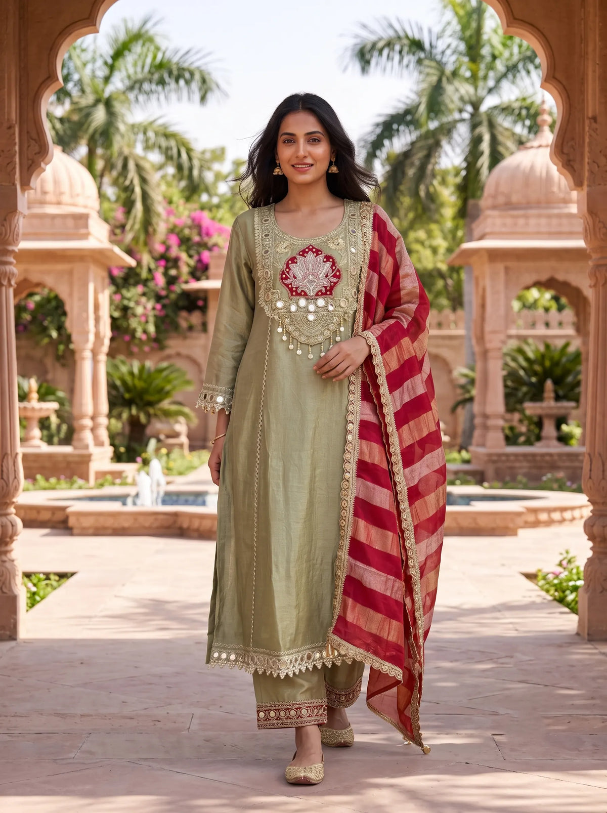 SAGE GREEN ROYAL FLORAL SEQUIN EMBROIDERED FESTIVE SUIT SET