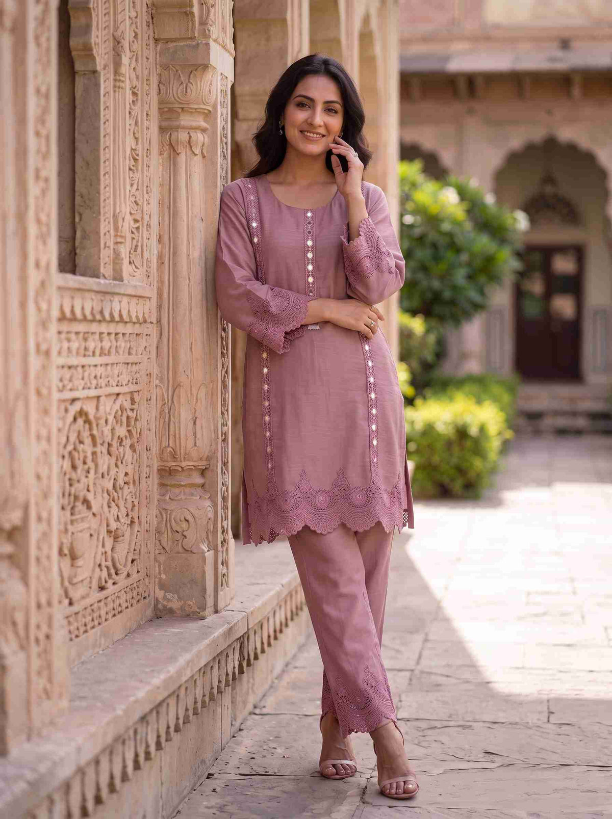 DUSTY ROSE TEXTURED MIRROR WORK LACE DETAIL WOMEN CO-ORD SET