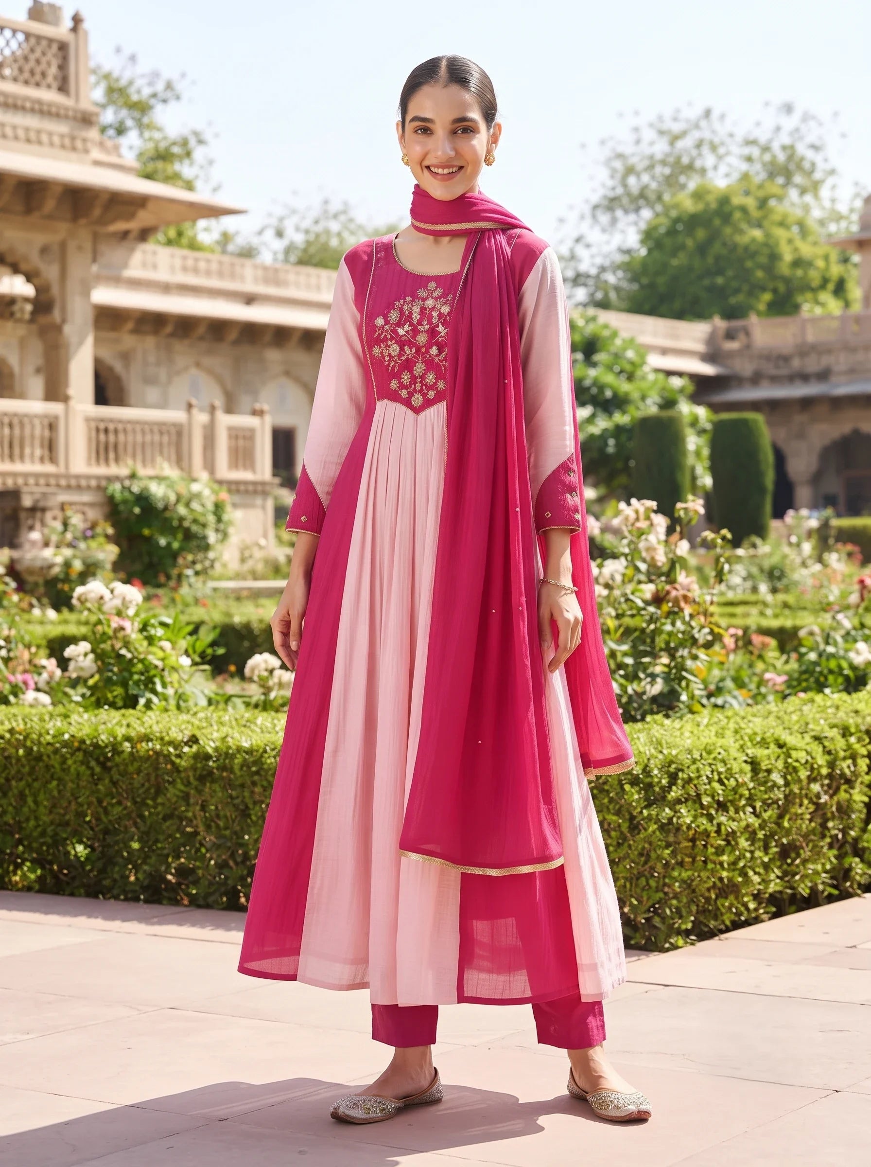 RASPBERRY PINK SEQUIN EMBROIDERED BANARSI MUL CHANDERI SUIT SET