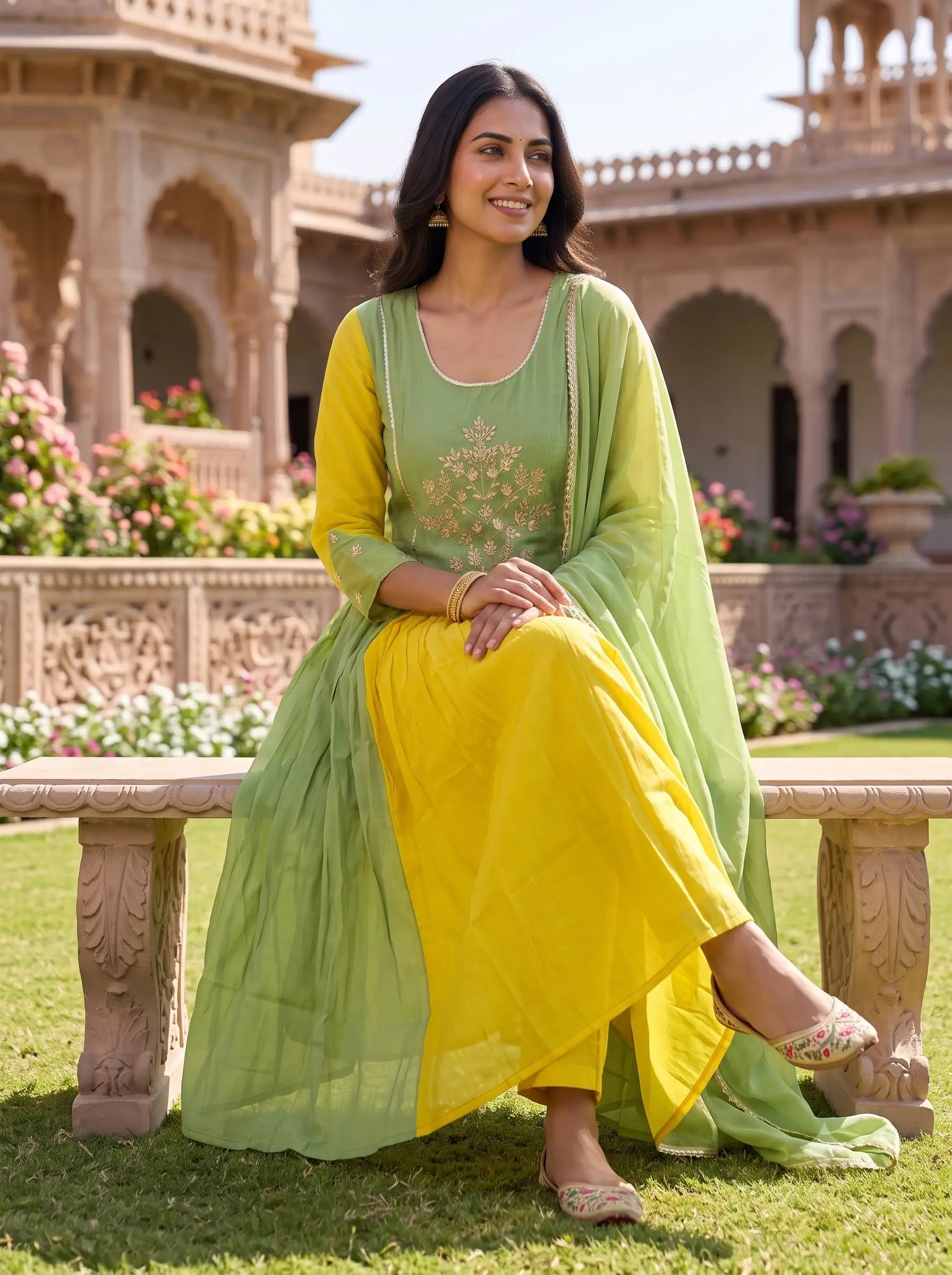 PISTA GREEN & MUSTARD YELLOW EMBROIDERED ANARKALI SUIT SET