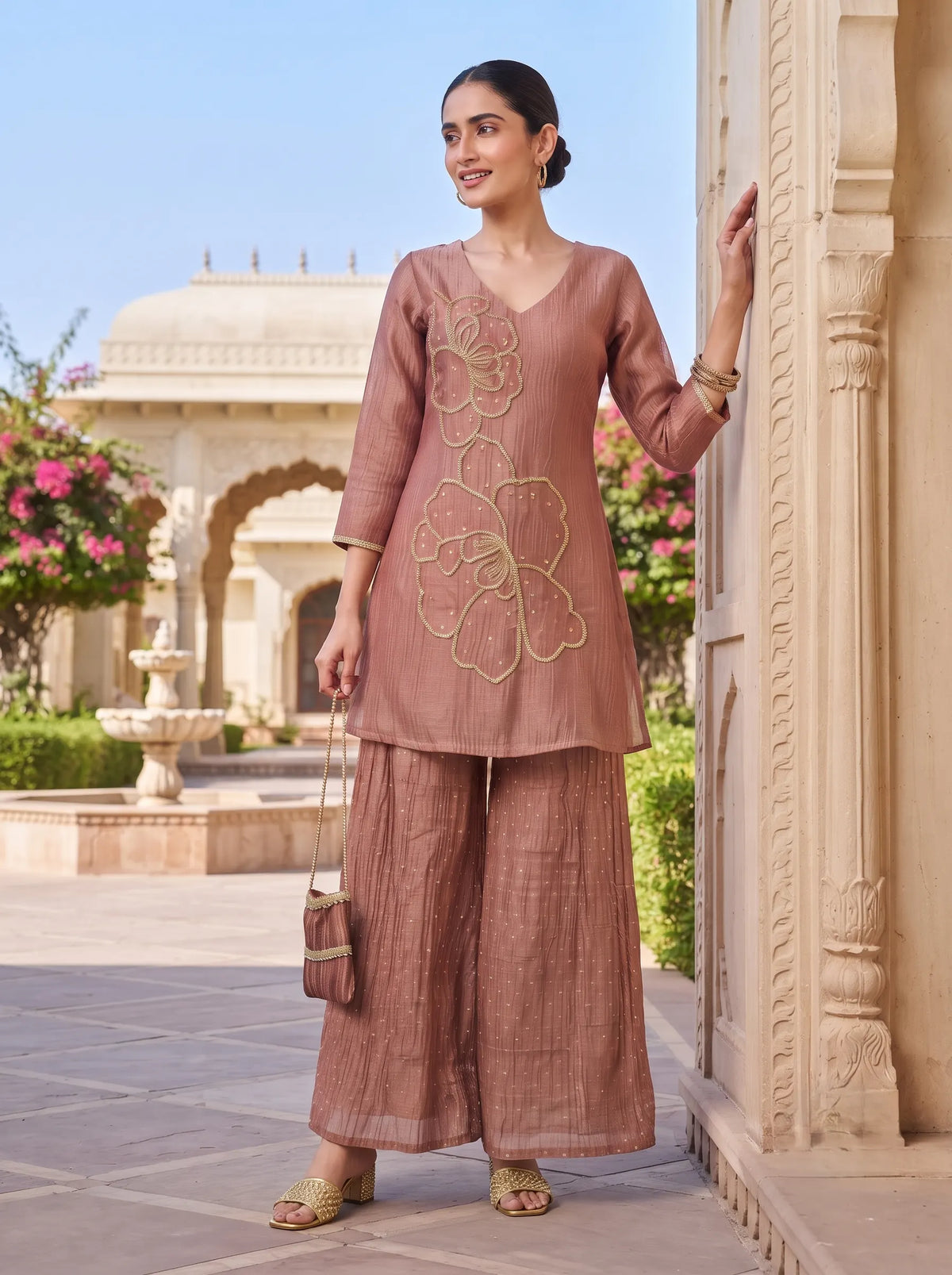 CRUSHED DUSTY ROSE ETHNIC HAND EMBROIDERED CO-ORD SET
