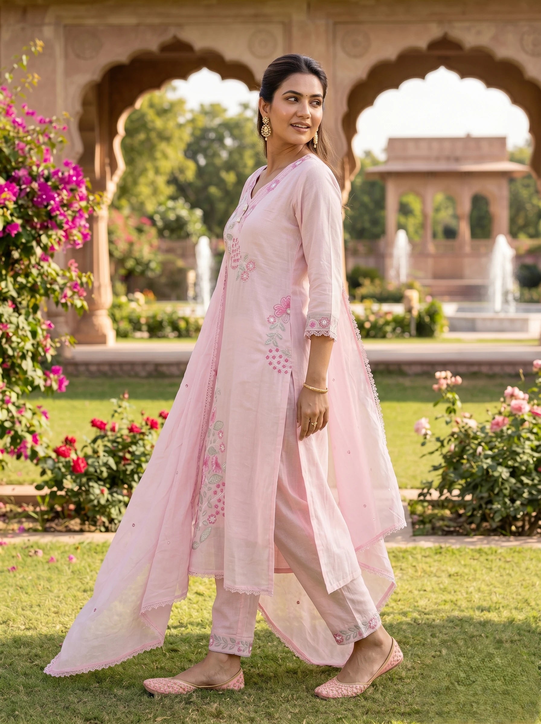 BLUSH PINK FLORAL EMBROIDERED MUL COTTON SUIT SET