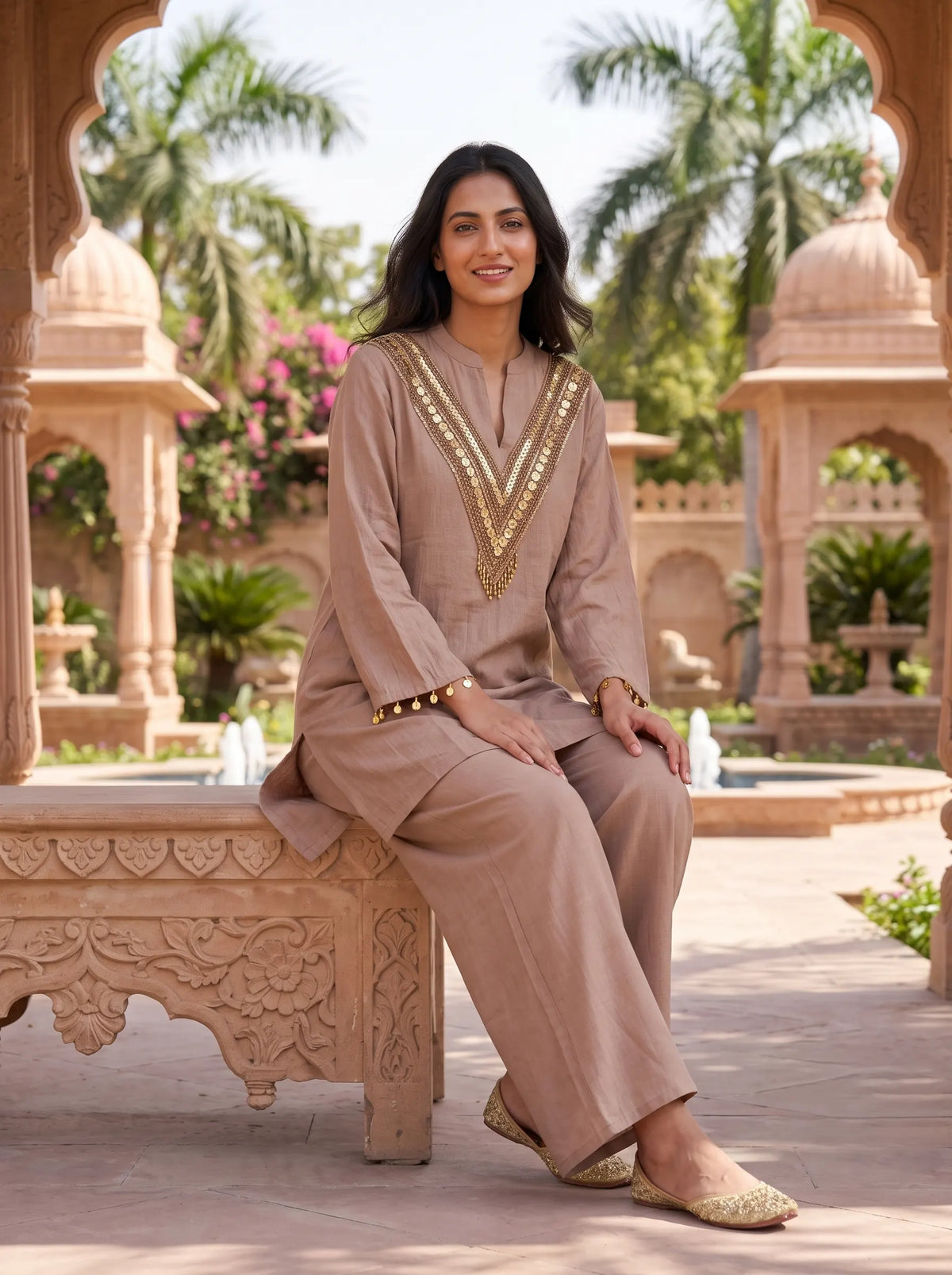 BROWN AND GOLD SEQUINED FESTIVE PURE MUSLIN CO-ORD SET