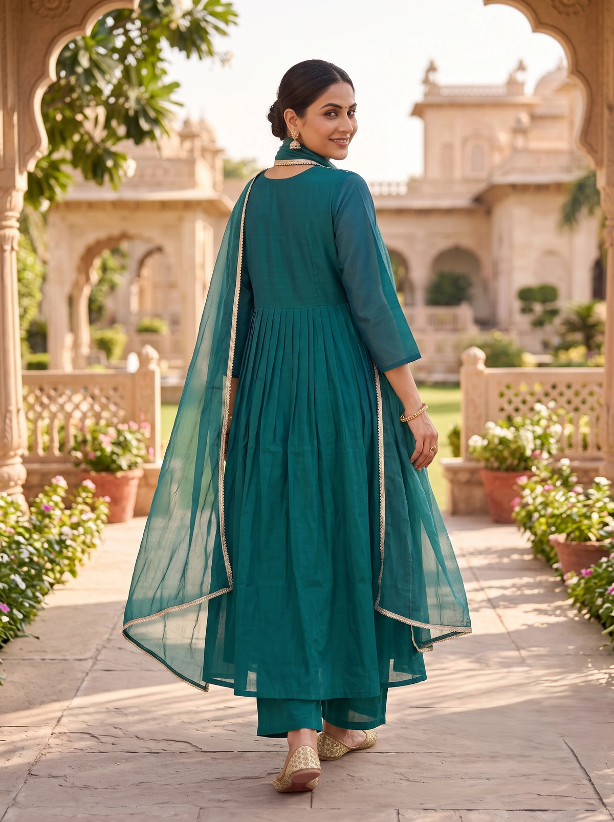 TEAL BLUE HAND EMBROIDERED FESTIVE ANARKALI MUL CHANDERI SUIT SET