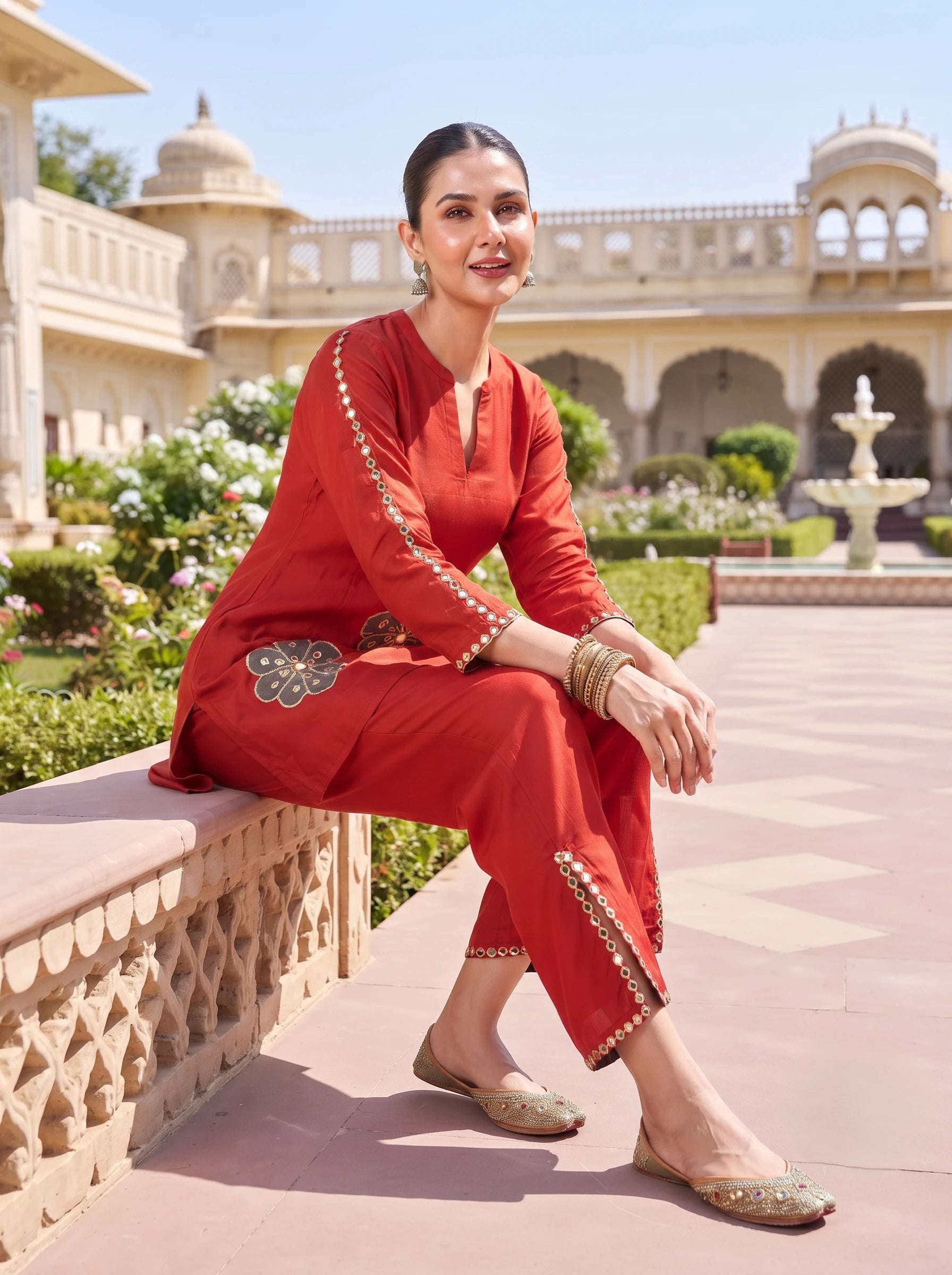 BURNT ORANGE FLORAL EMBROIDERED PURE CREPE CO-ORD SET