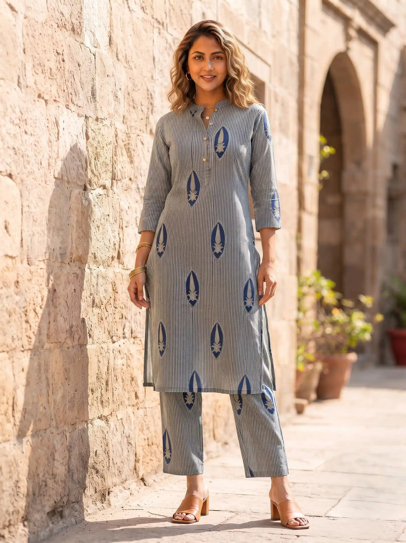 AZURE STRIPE BOTANIC PURE COTTON KURTA SET