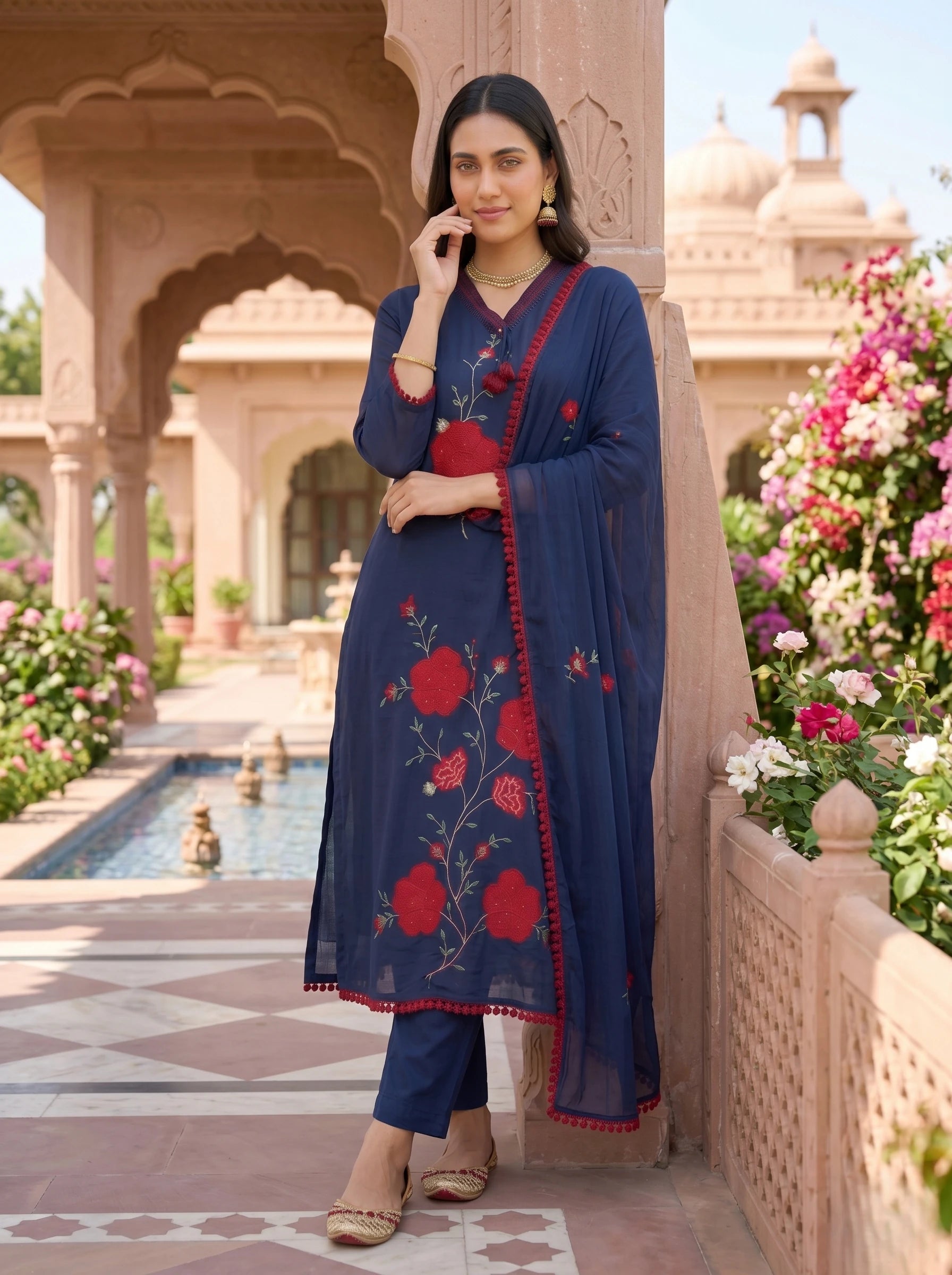 NAVY FLORAL THREADWORK MUL COTTON SUIT SET