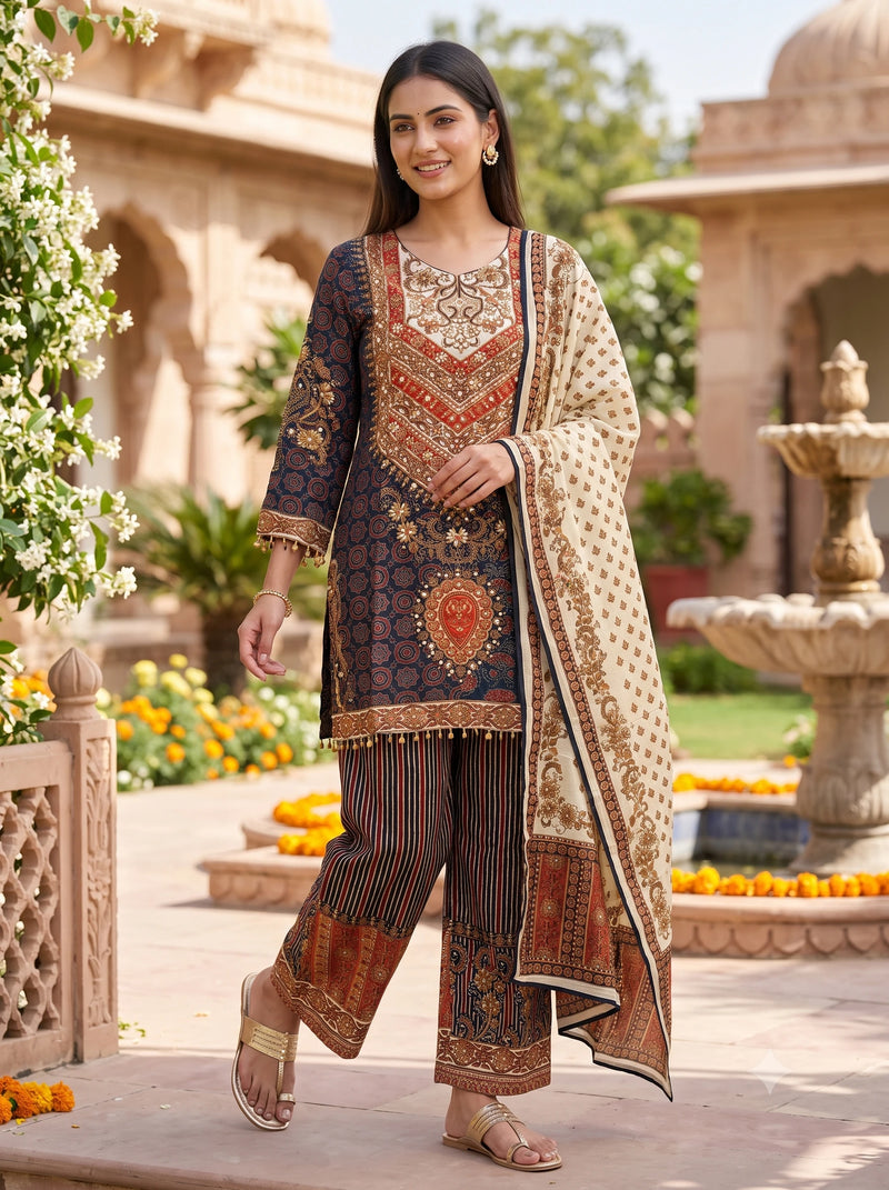 MIDNIGHT PAISLEY PRINTED EMBELLISHED PURE MUSLIN SUIT SET