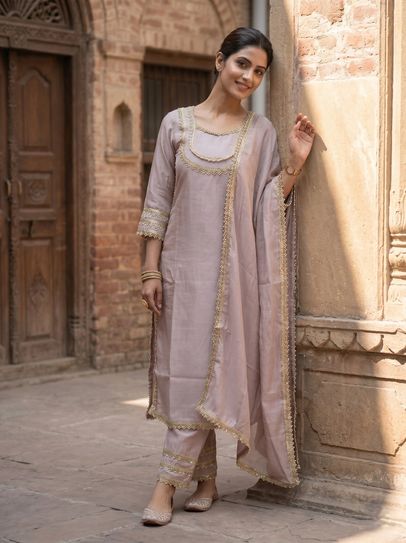 ELEGANT PEARL EMBROIDERED FENDI SILK SUIT WITH DUPTTA