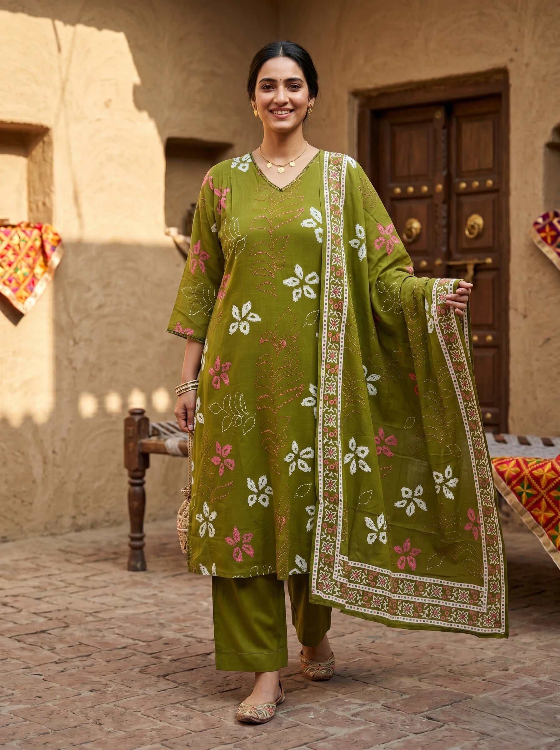 MATCHA GREEN FLORAL MUL COTTON SUIT SET