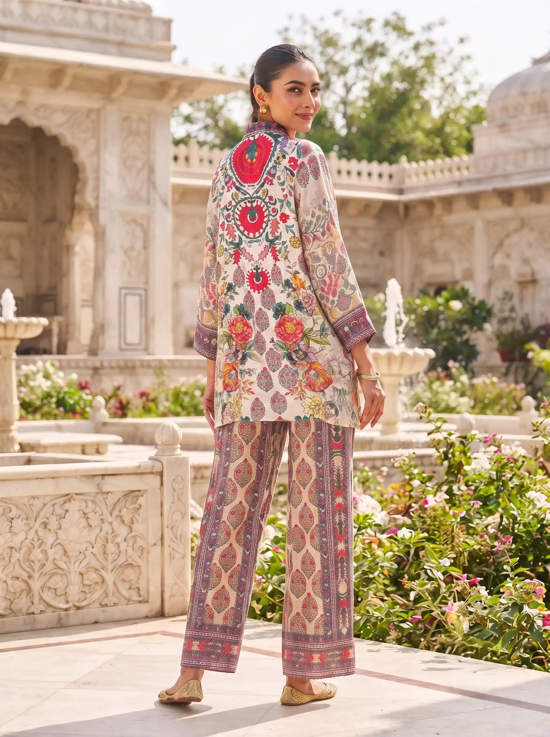 ROSE GARDEN PRINTED SHIRT STYLE PURE MUSLIN CO-ORD SET