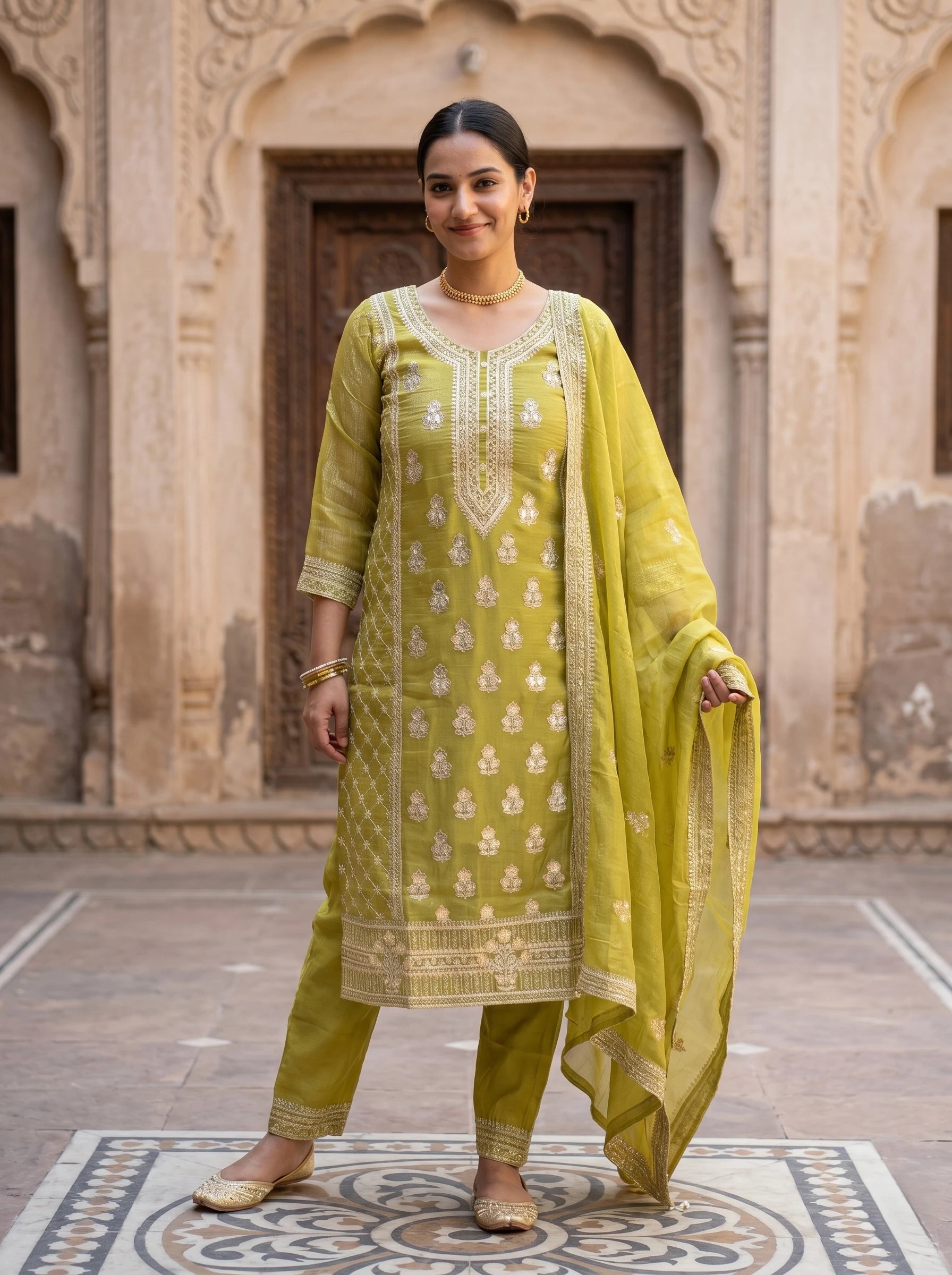 HEENA THREADWORK STRAIGHT SUIT SET