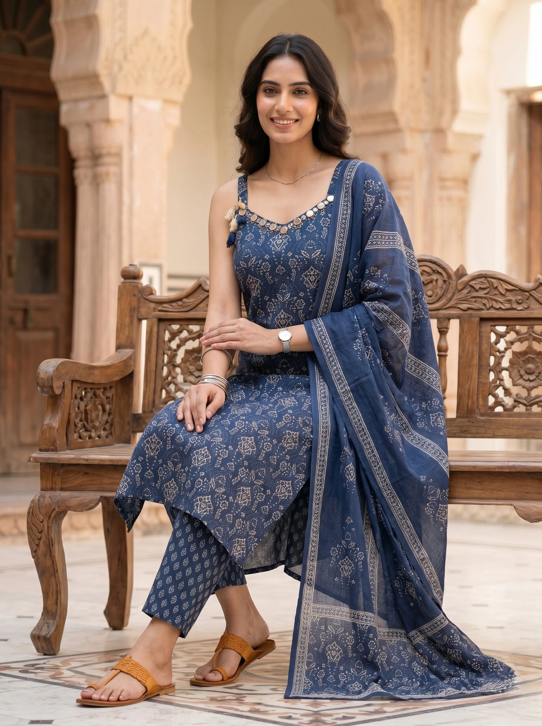 ROYAL NAVY GOLD PRINTED HANDWORK SLEEVELESS SUIT SET