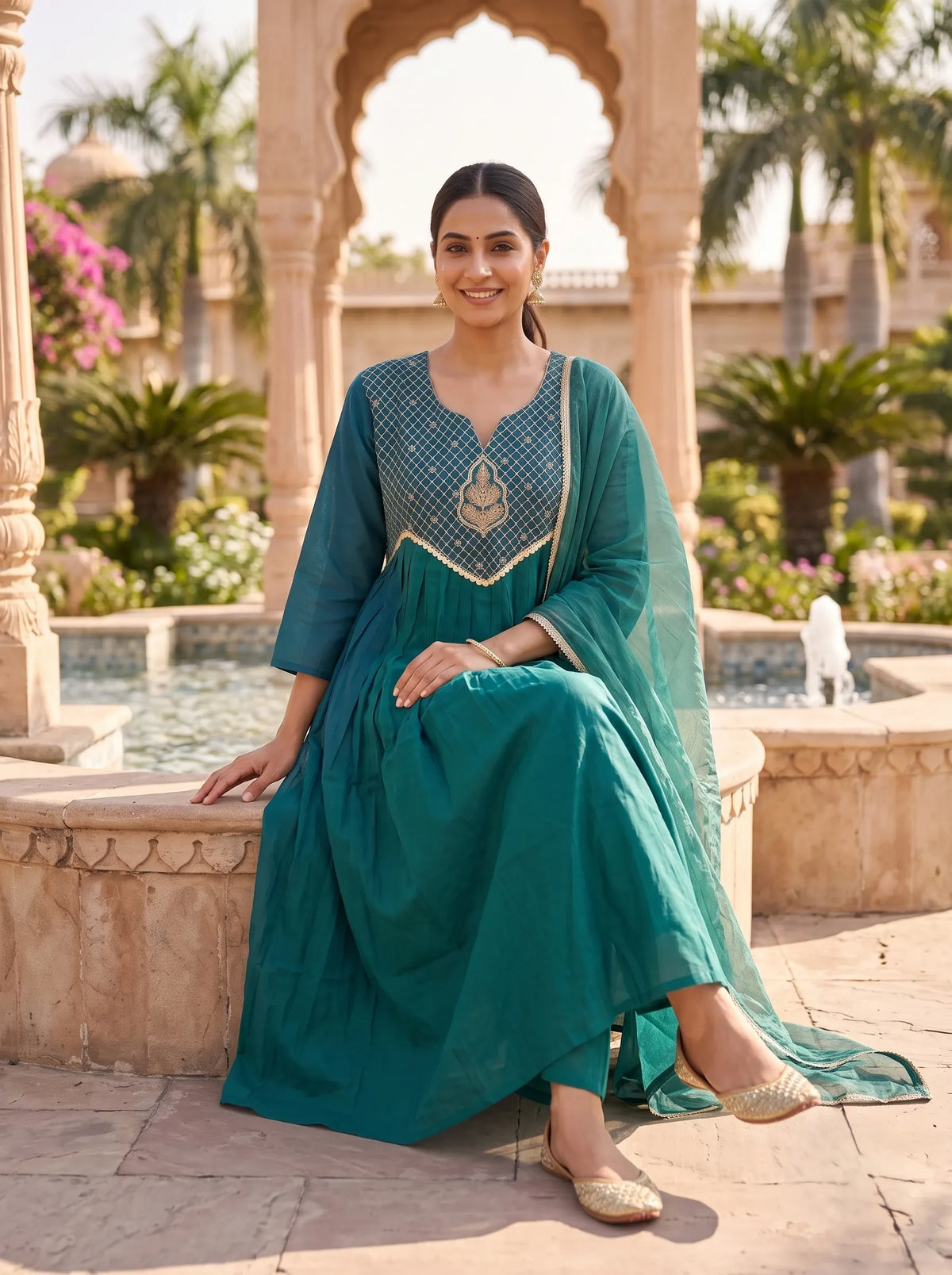 TEAL BLUE HAND EMBROIDERED FESTIVE ANARKALI MUL CHANDERI SUIT SET
