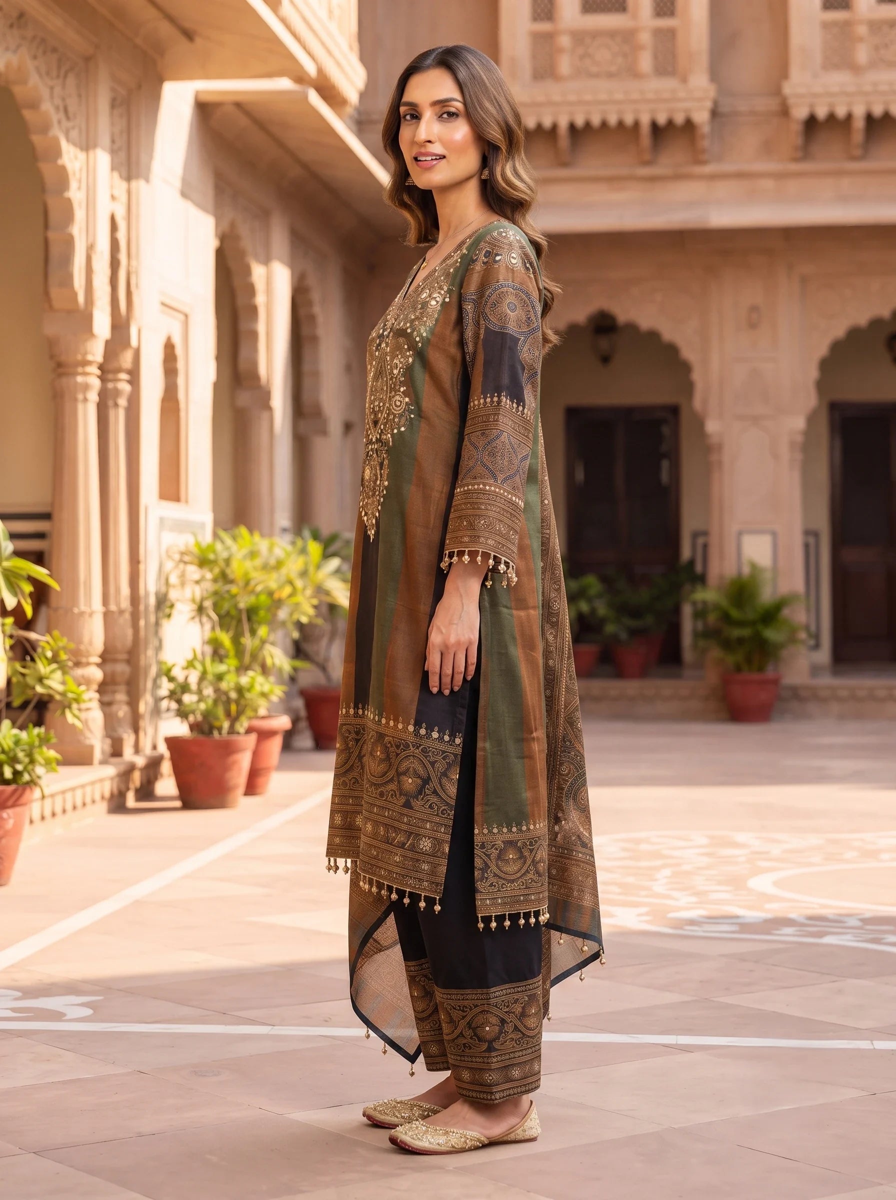 FOREST GLAMOUR EMBELLISHED FULL EMBROIDERED MUSLIN SUIT SET