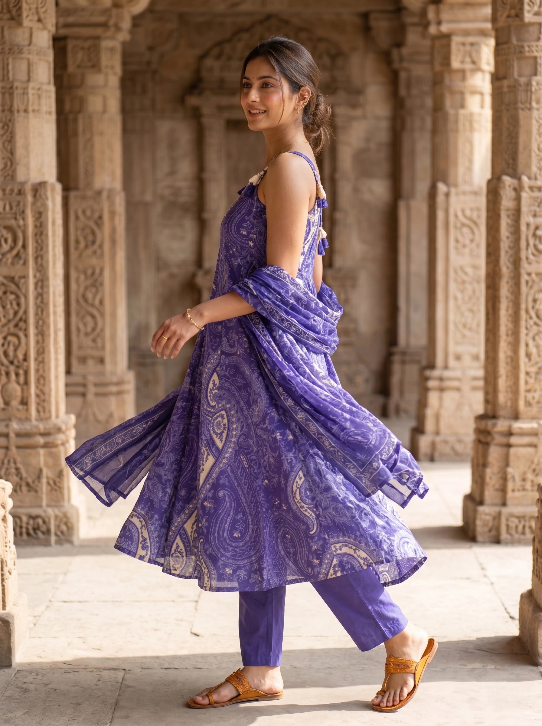 NOOR PURPLE PRINTED MIRROR WORK SLEEVELESS SUIT SET