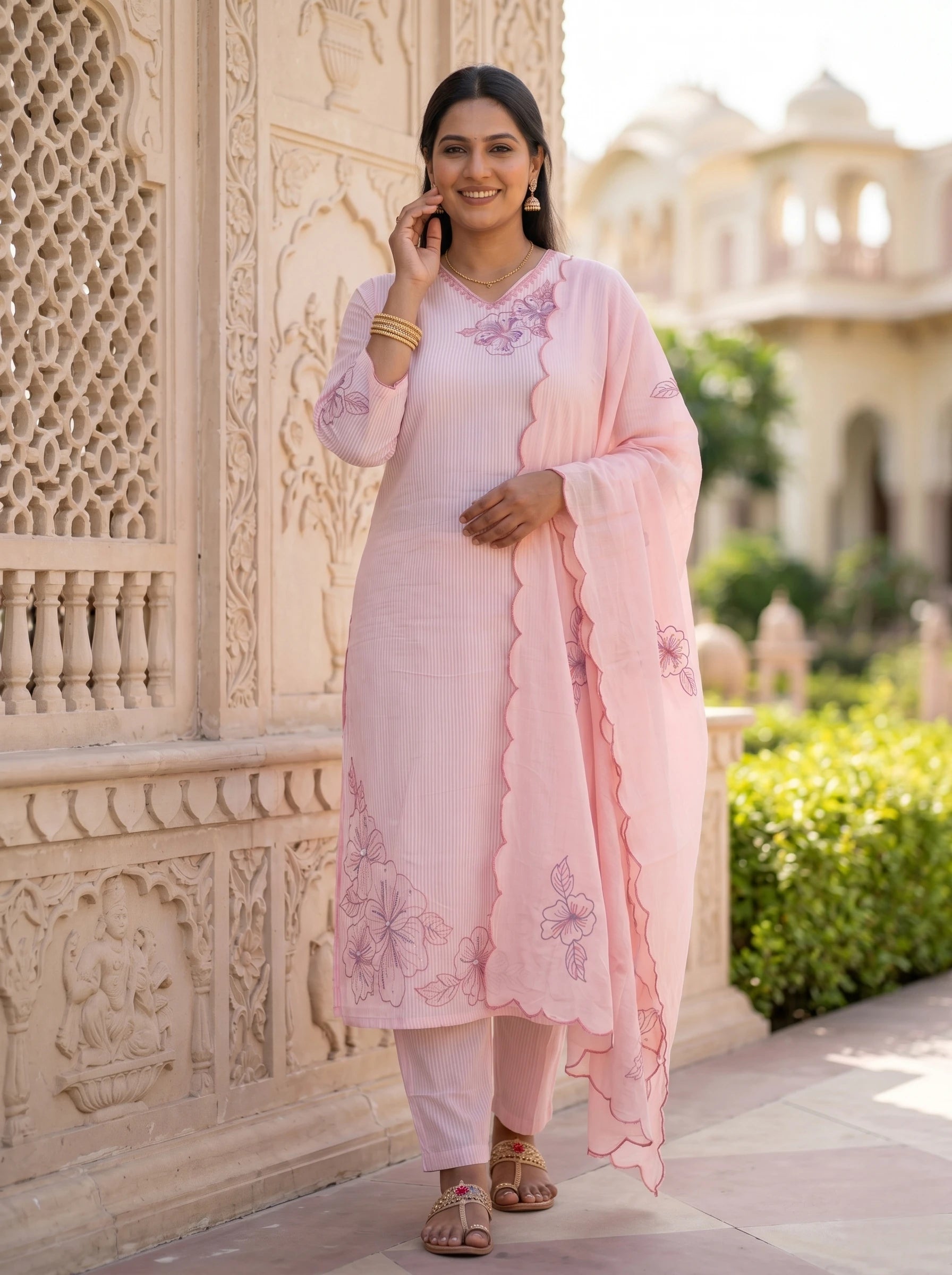 PINK FLORAL THREADWORK SUIT SET