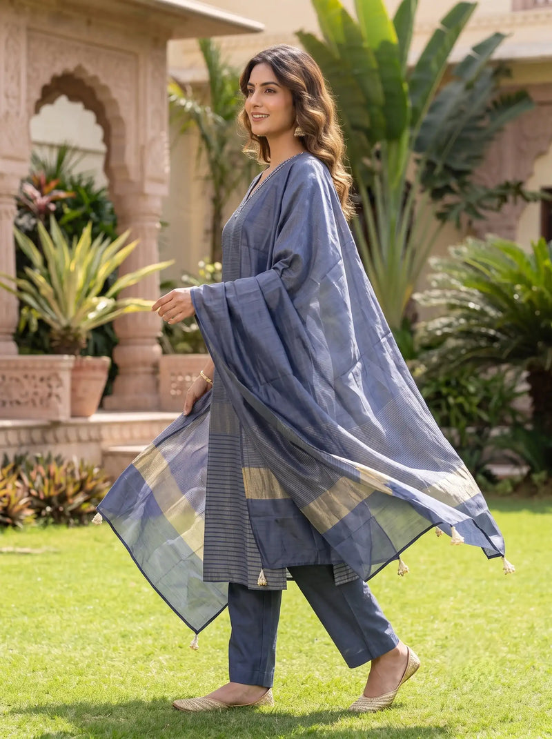 SHIMMERY GREY DESIGNER HAND EMBROIDERED FESTIVE SUIT SET