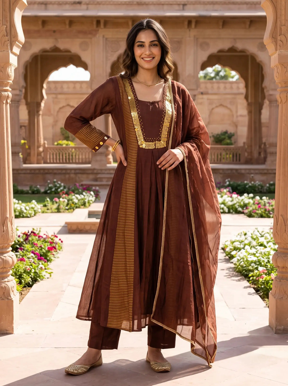 MOCHA BROWN EMBELLISHED GLAMOROUS PARTY WEAR SUIT SET