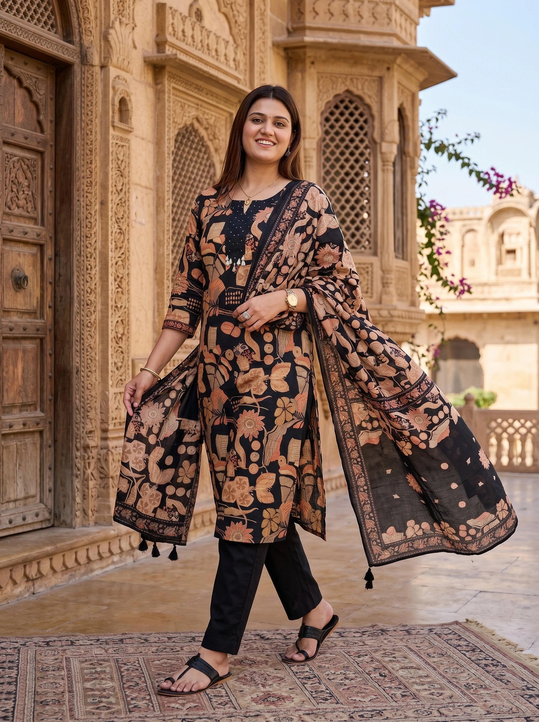 BLACK FLORAL PRINT NECK EMBROIDERED SUIT SET