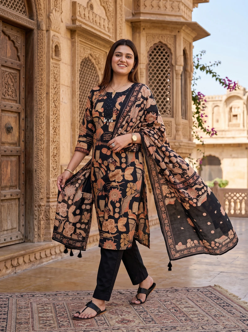 BLACK FLORAL PRINT NECK EMBROIDERED SUIT SET