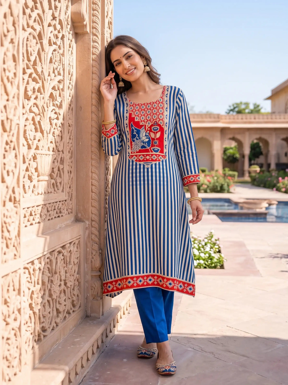 ROYAL BLUE AND RED PEACOCK PURE GAJJI SILK KURTA SET