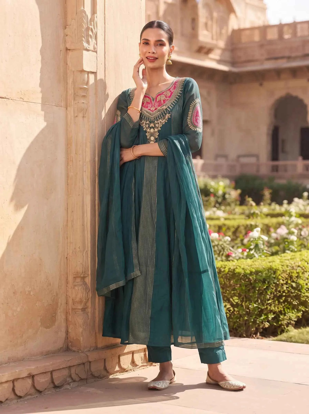 DARK TURQUOISE DESIGNER HAND EMBROIDERED FESTIVE SUIT SET