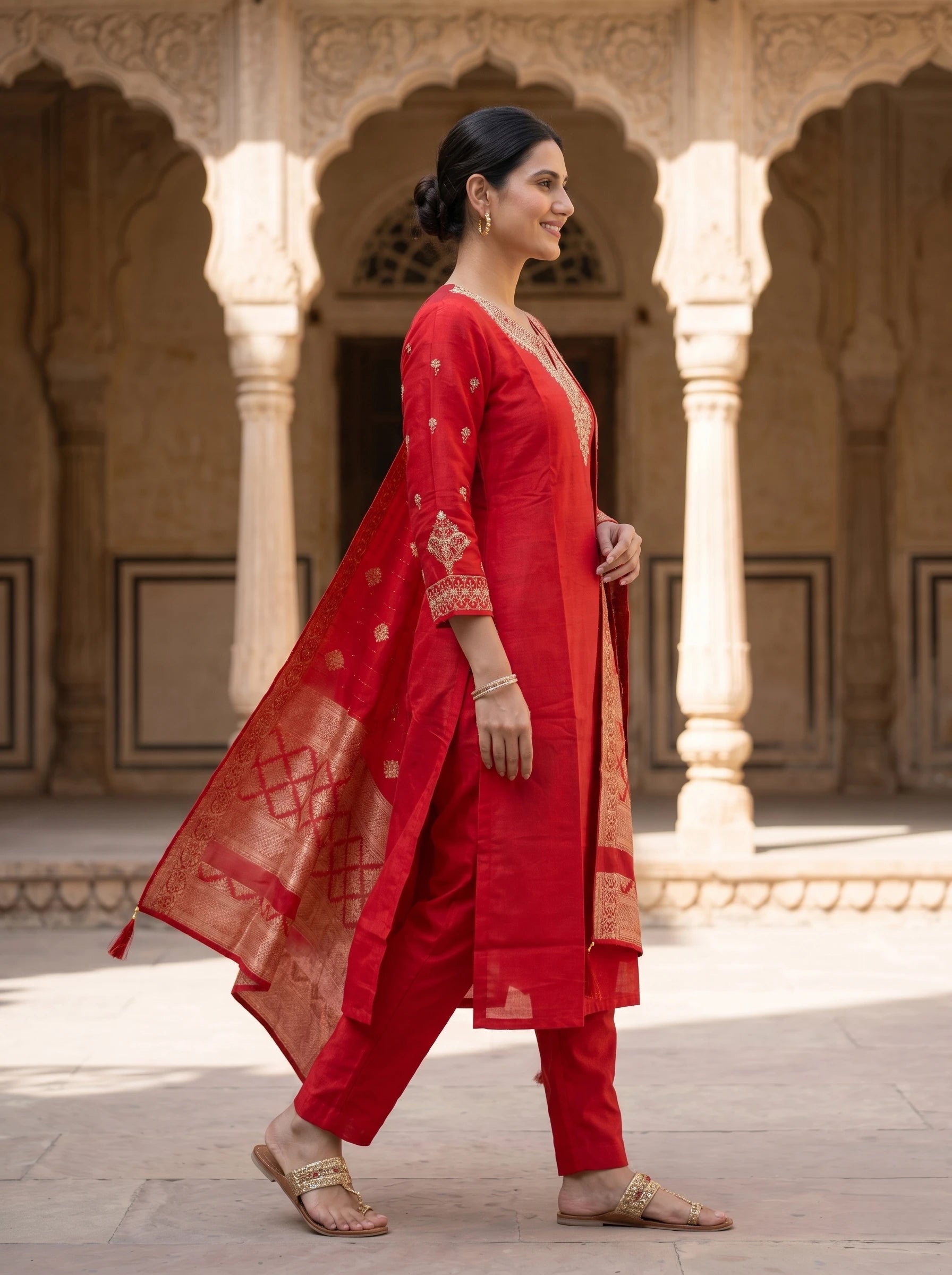 JASHAN RED HAND WORK BANARSI DUPATTA SUIT SET