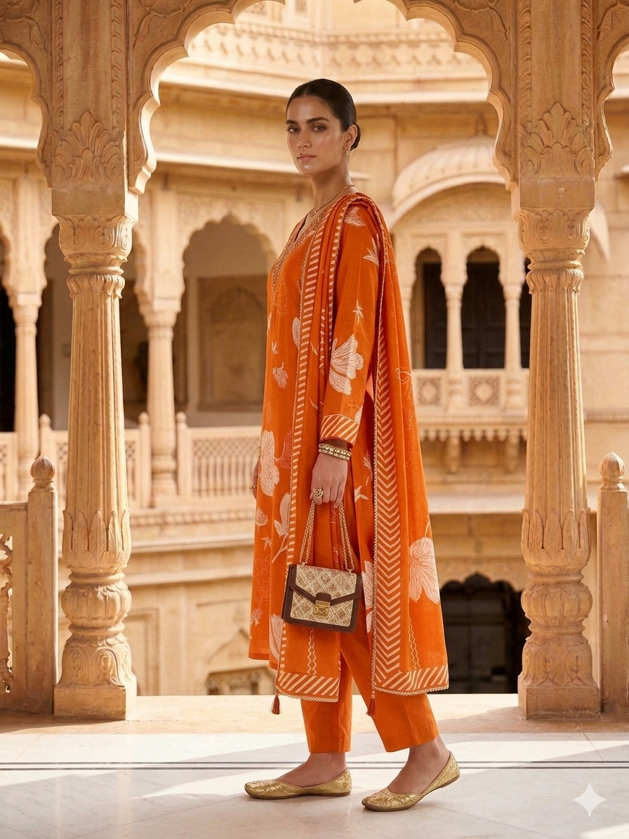 MIRNAL ORANGE HANDWORK SUIT SET