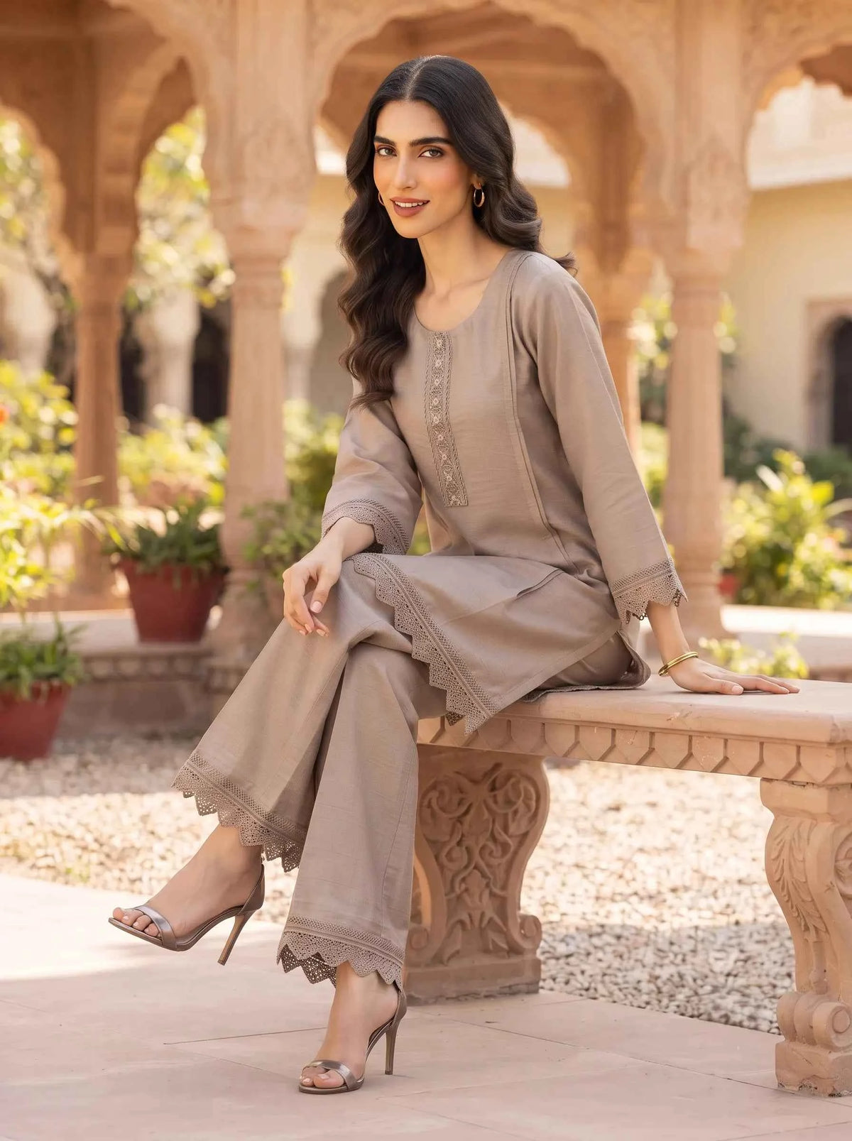 TAUPE BROWN EMBROIDERED NECK CASUAL WEAR PREMIUM CO-ORD SET
