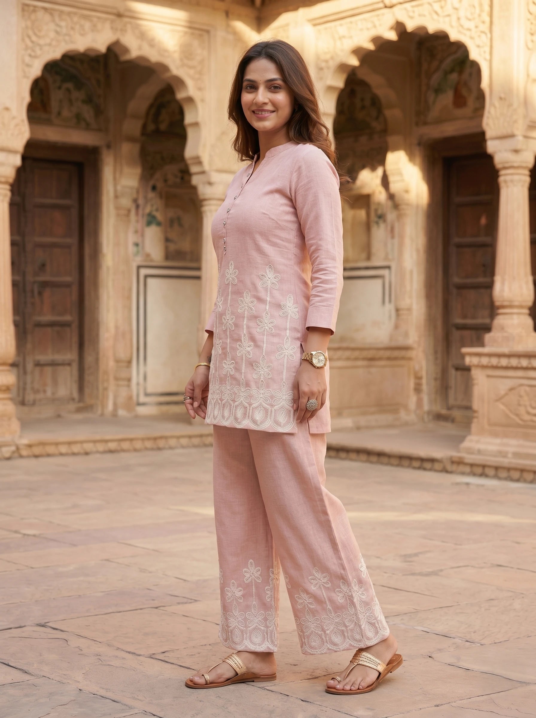 POWDER PINK FLORAL EMBROIDERED CO-ORD SET