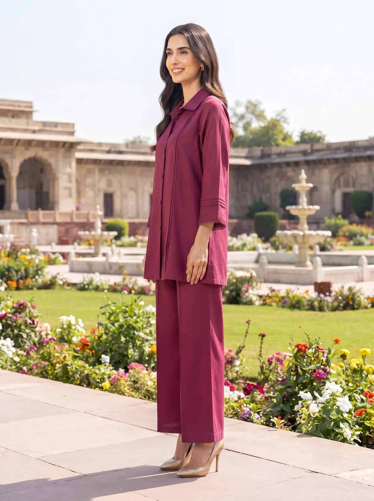 WINE RED LACE TRIMMED PREMIUM WOMEN CASUAL EVERYDAY CO-ORD SET