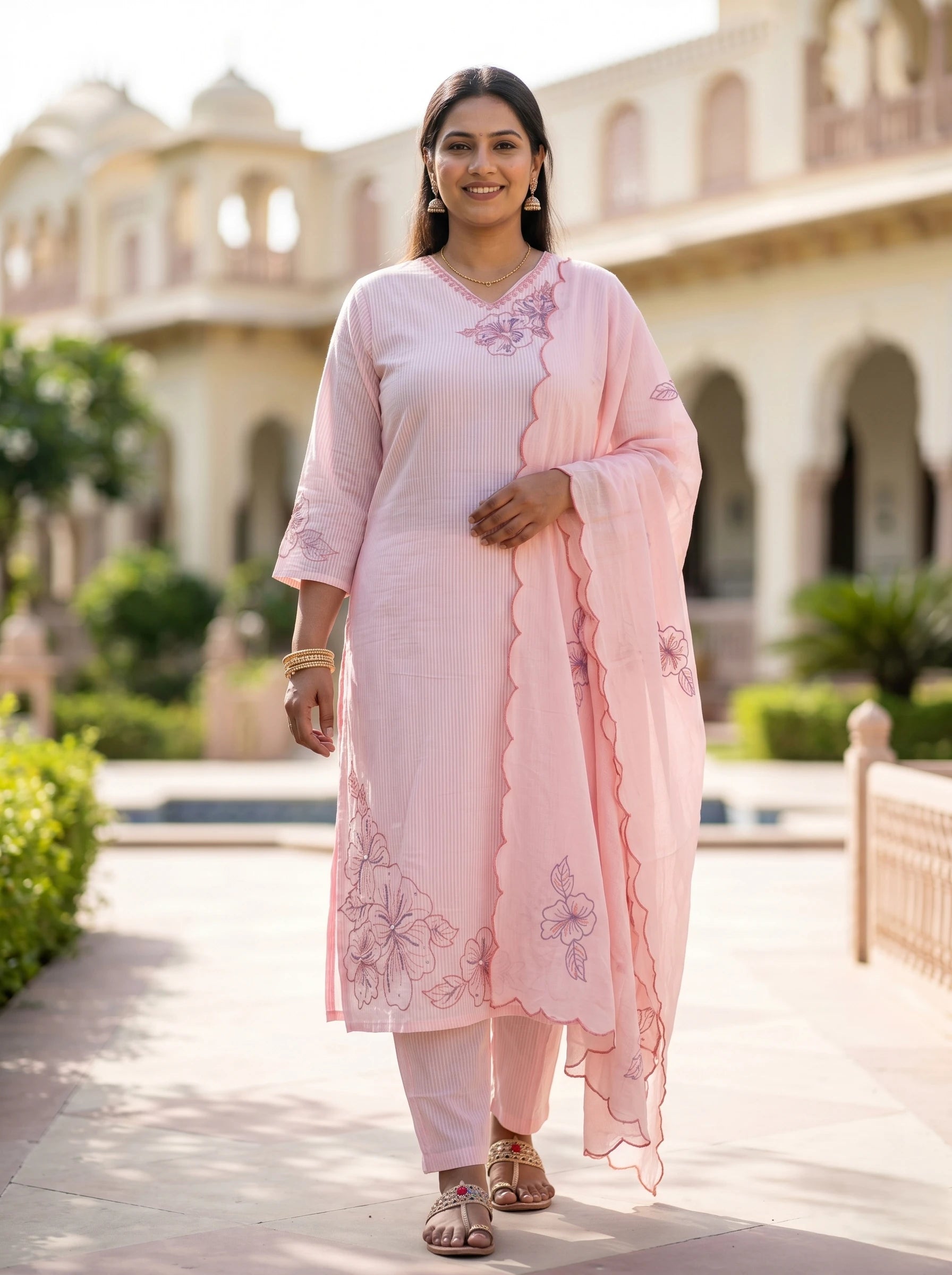 PINK FLORAL THREADWORK SUIT SET