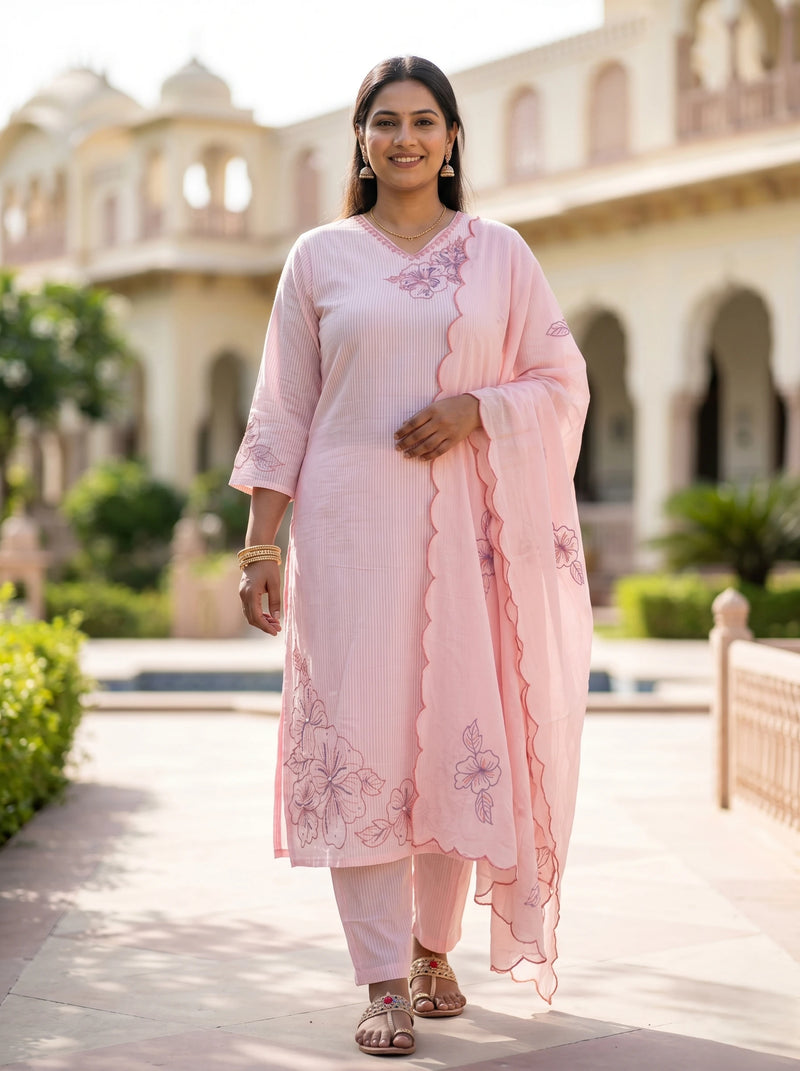 PINK FLORAL THREADWORK PURE MUL COTTON SUIT SET